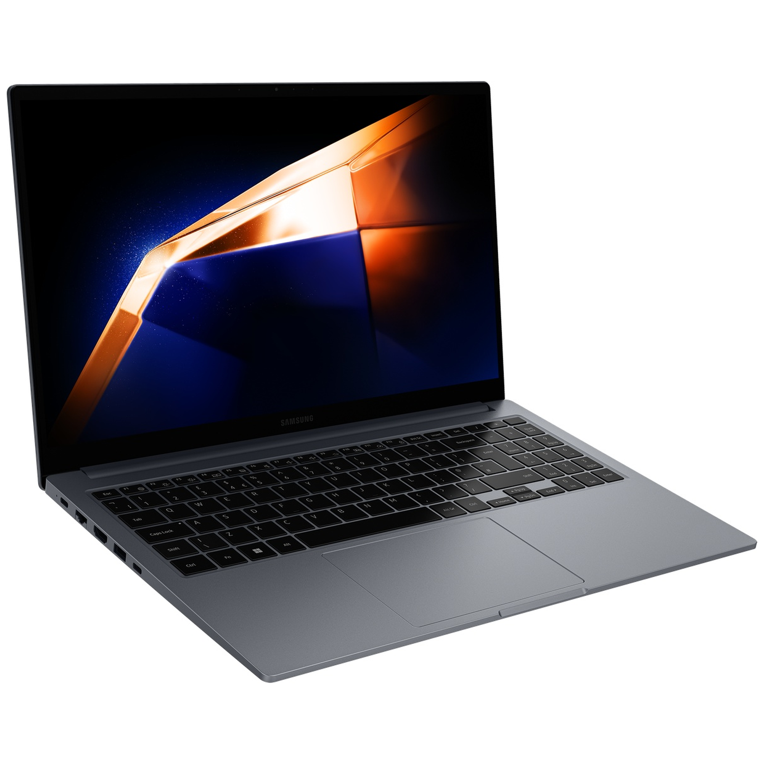 Een slanke, gesloten donkergrijze Samsung laptop met levendige abstracte achtergrondafbeelding.