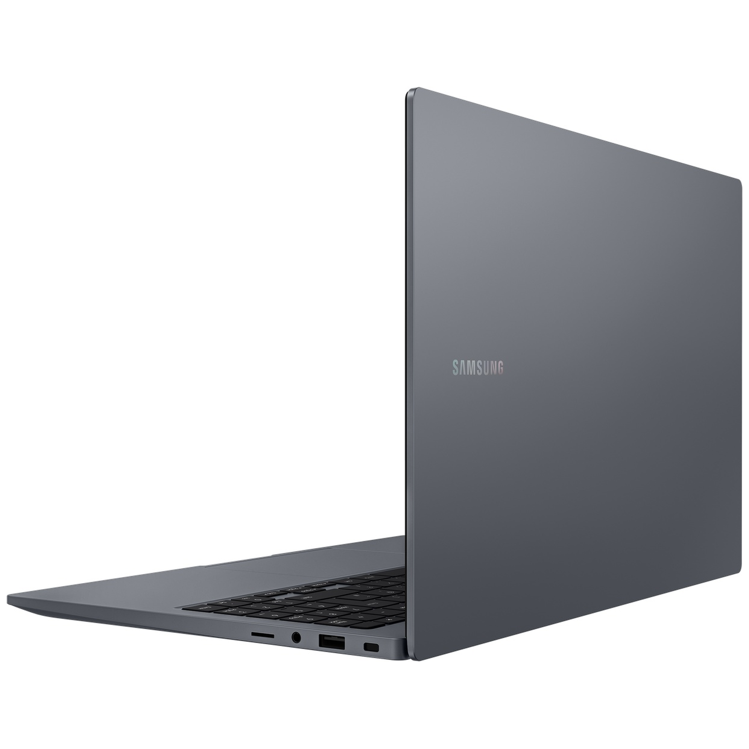 Een grijze Samsung laptop, van de zijkant gezien, met toetsenbord en poorten.