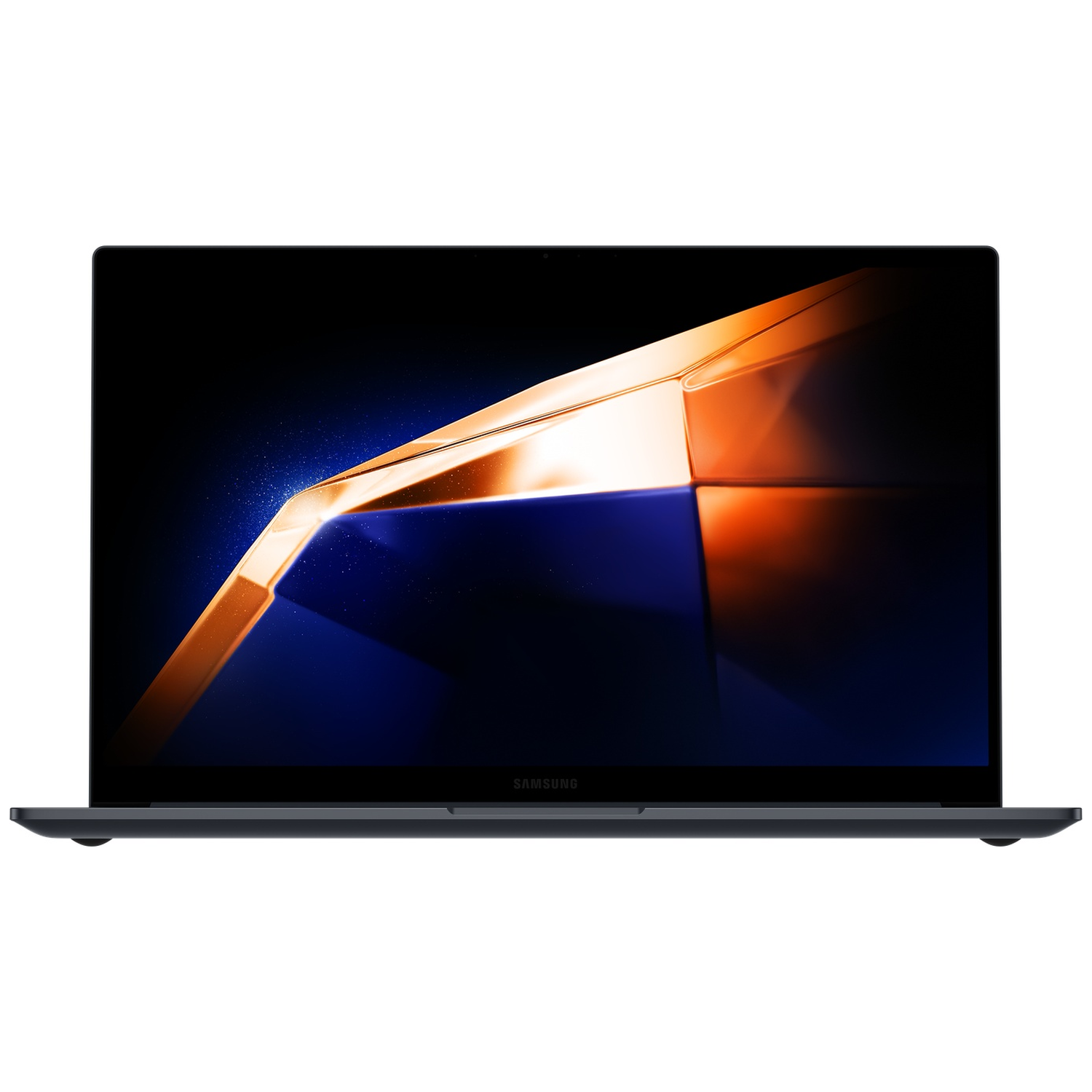 Een gesloten Samsung laptop met een abstracte oranje en blauwe achtergrond.