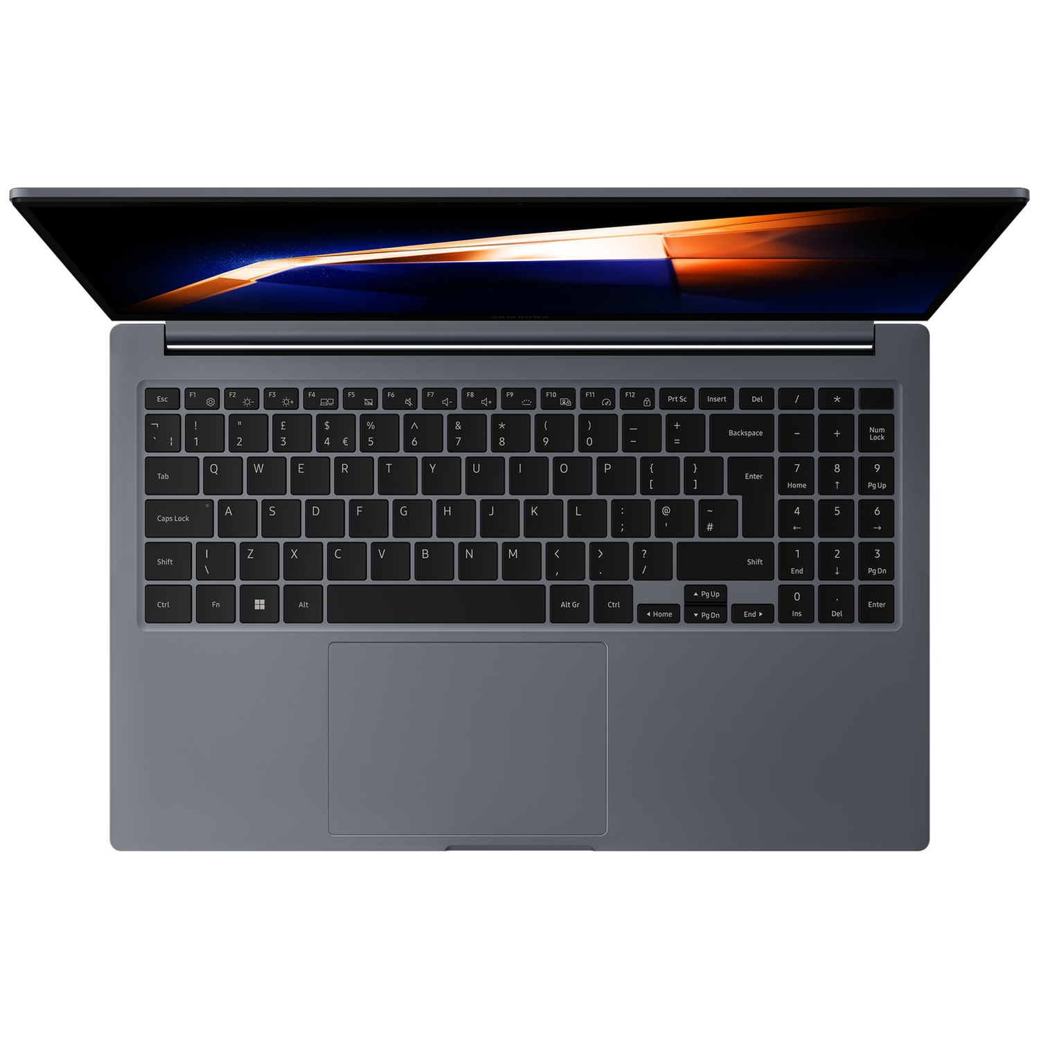 Gray laptop with its display open, showing an abstract orange and blue image.