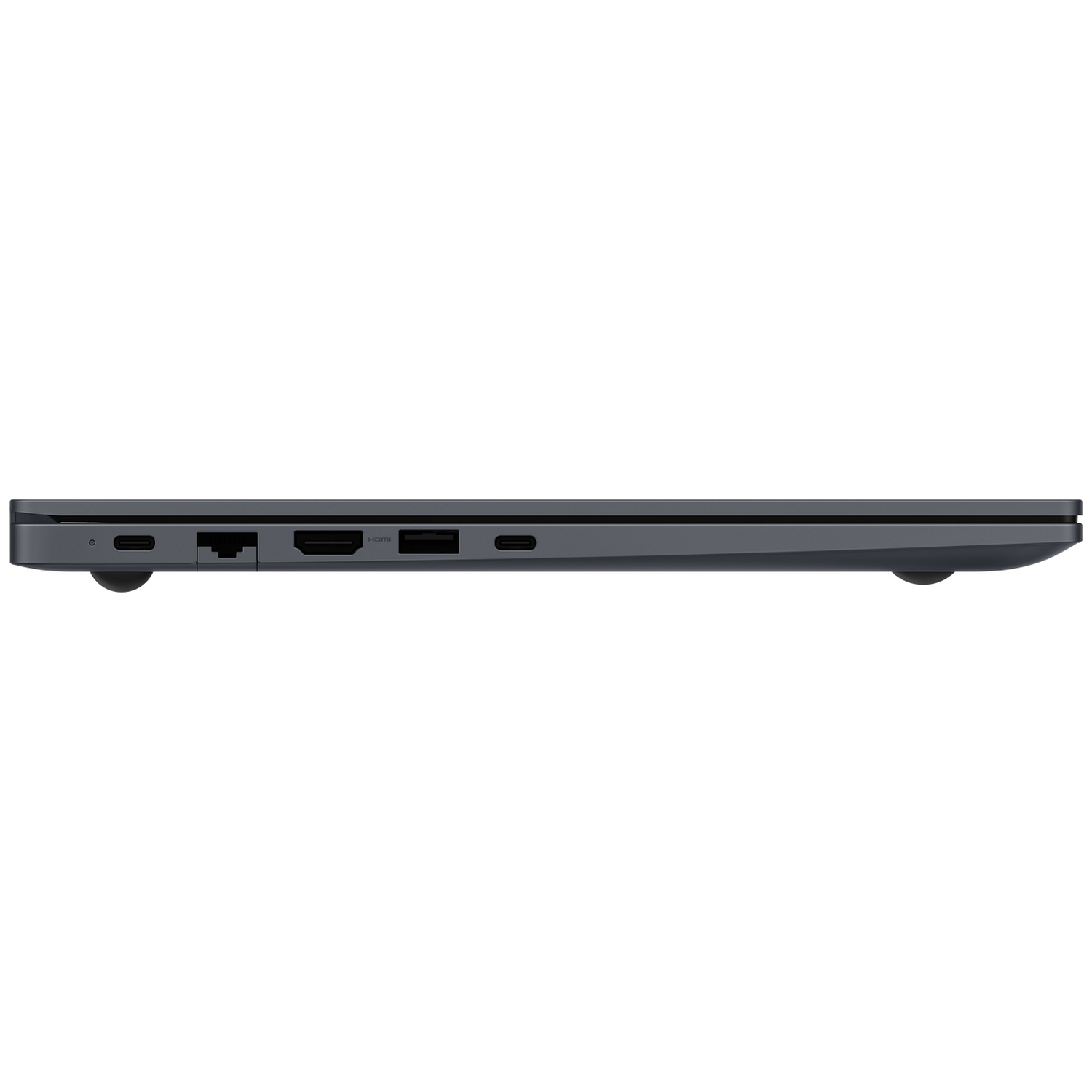 Gray laptop side view with ports: USB-C, LAN, HDMI, USB-A.