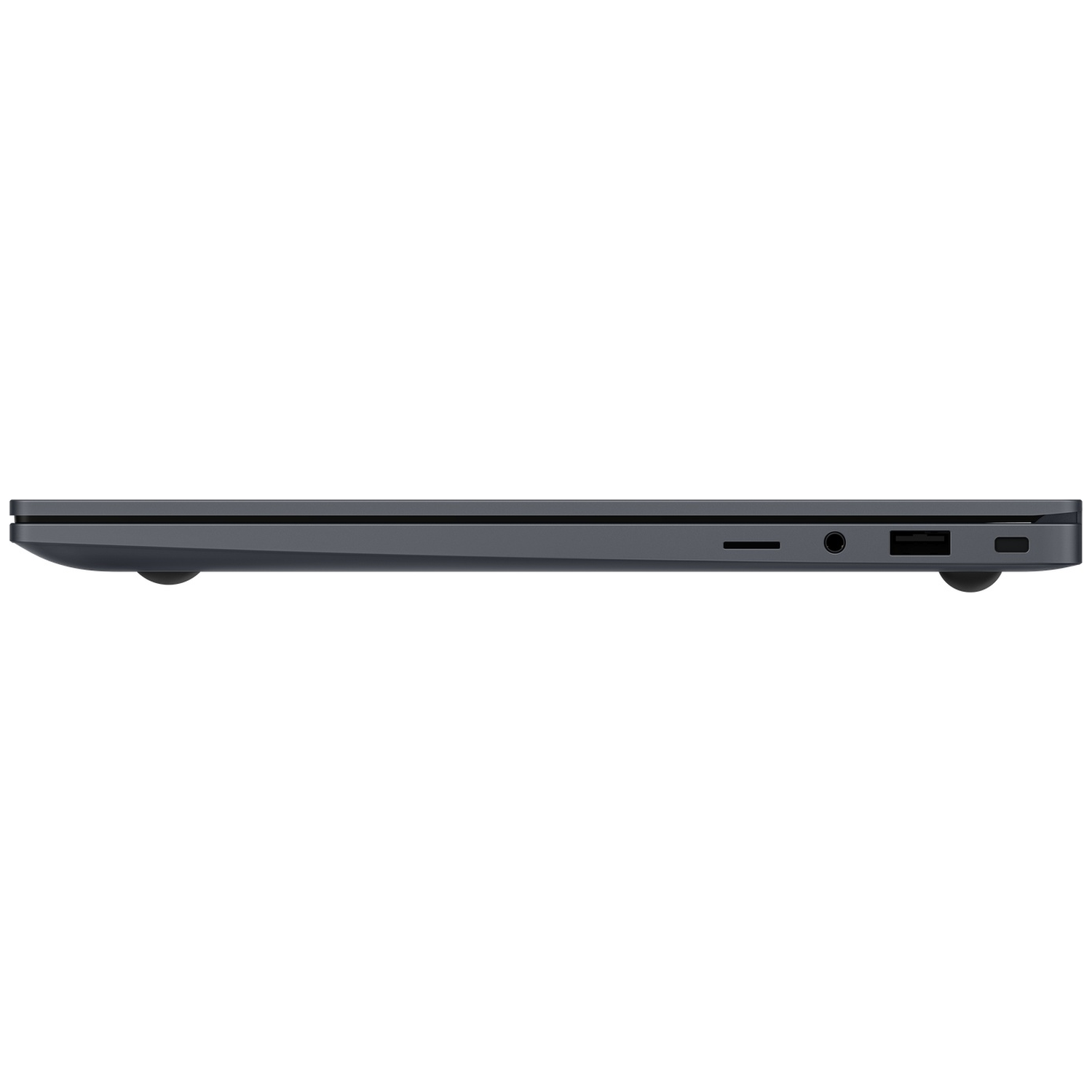 Side view of a closed dark laptop showing ports: SD card reader, headphone jack, USB-A, USB-C.