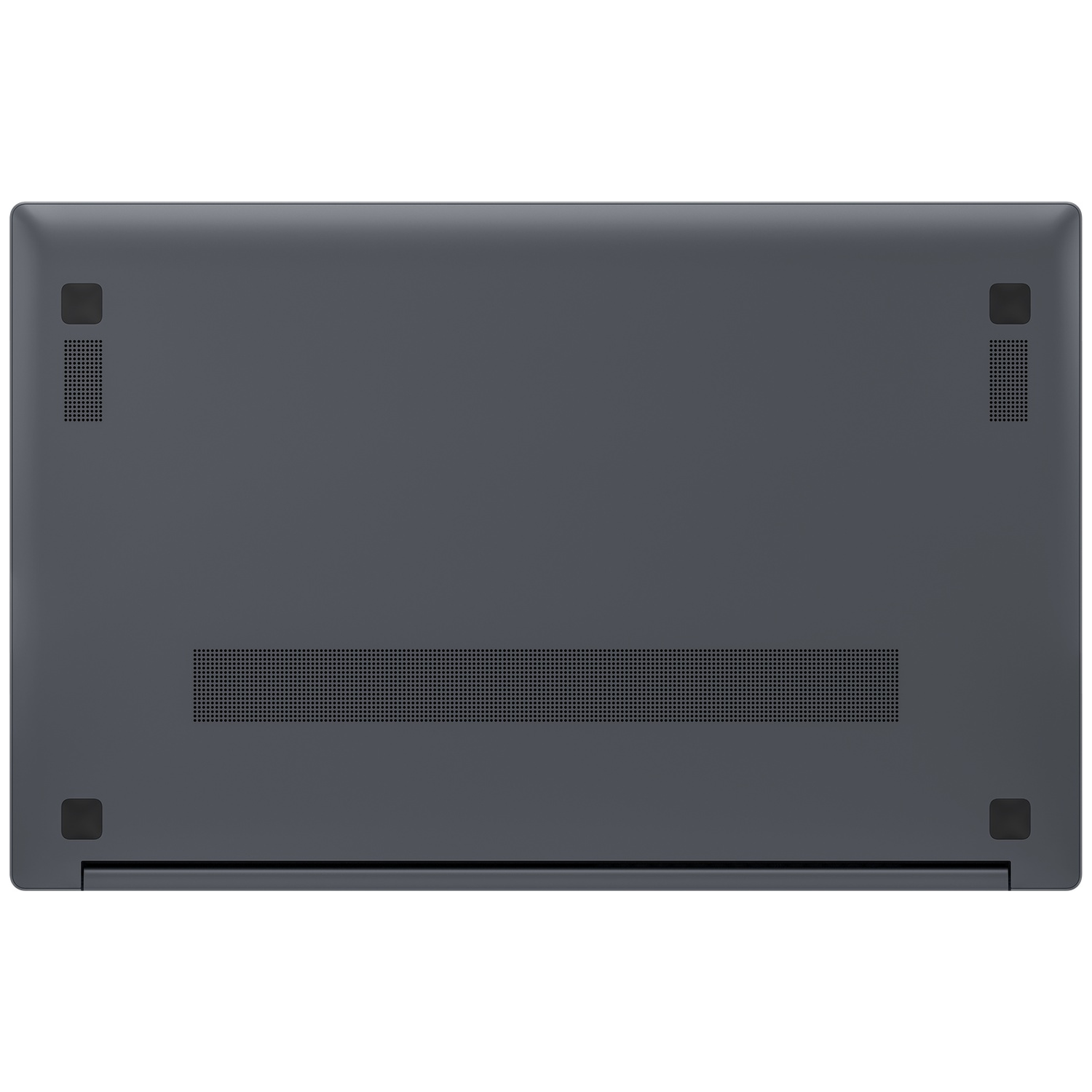 The bottom of a dark gray laptop with vents and rubber feet.