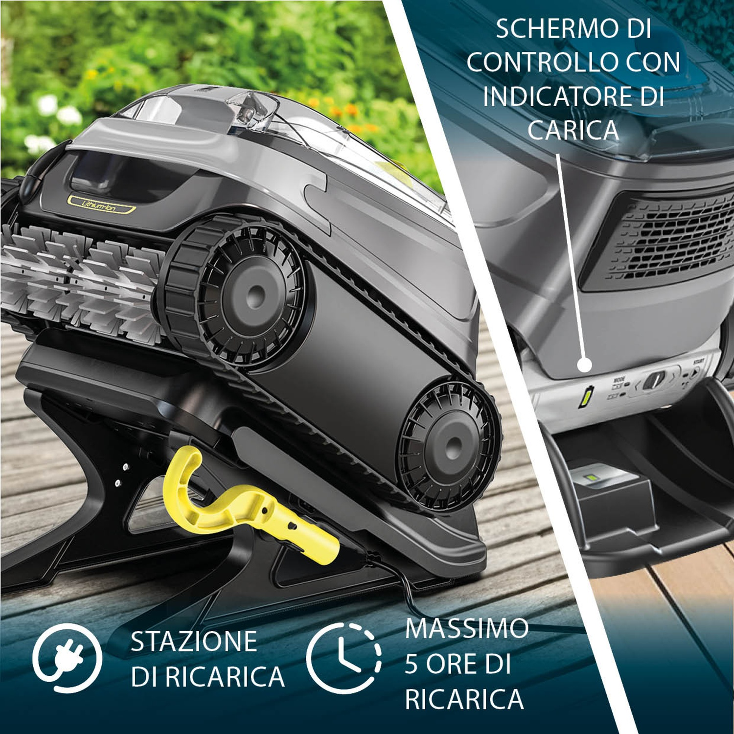 Un robot tosaerba sulla sua stazione di ricarica con indicatore di carica.