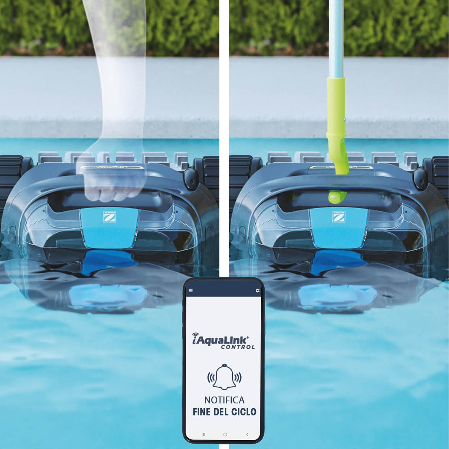 Un robot da piscina blu e nero con uno smartphone che mostra una notifica.