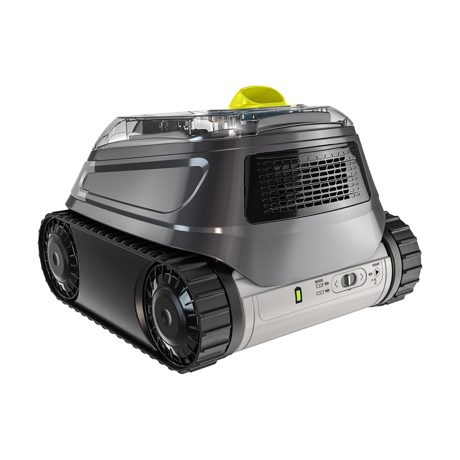 Robot piscina grigio con cingoli neri e manico giallo su sfondo bianco.