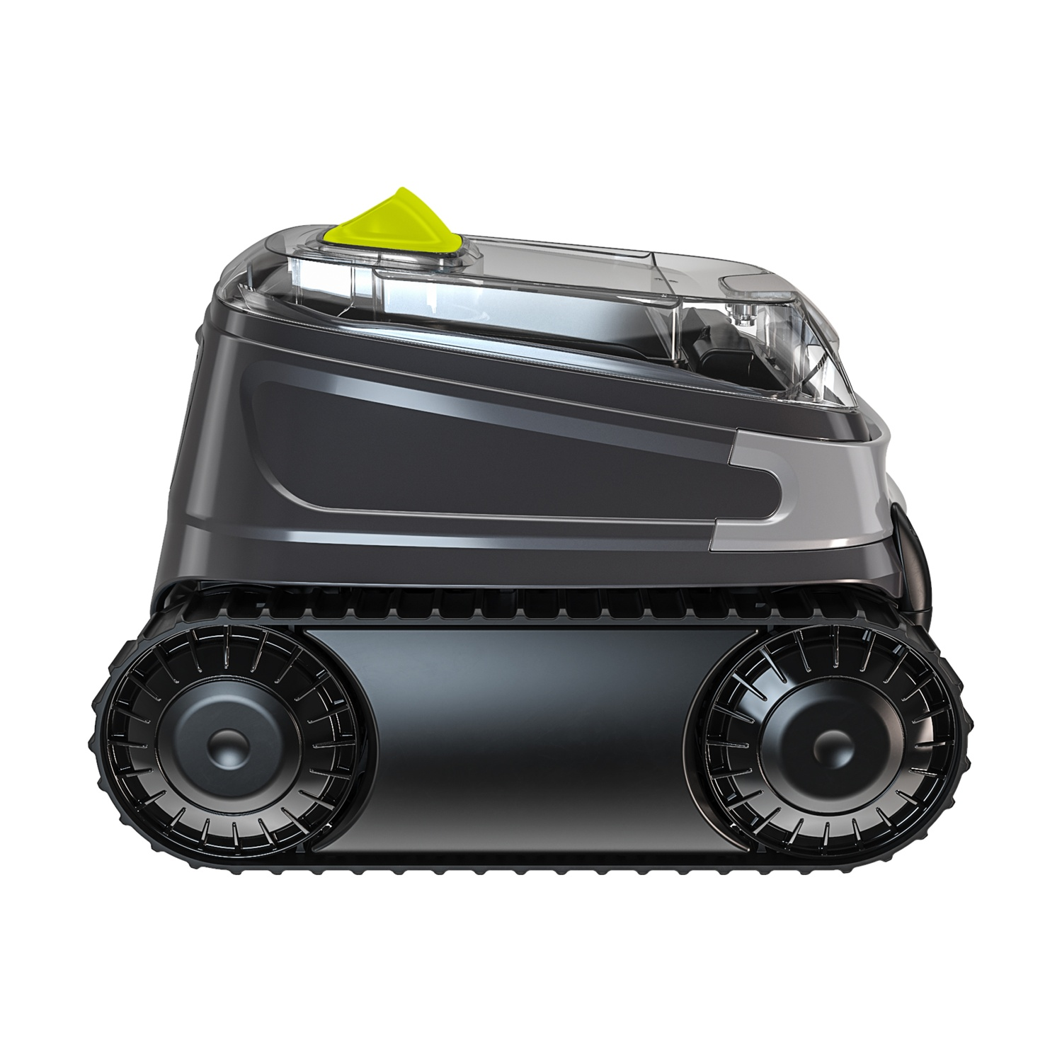 Un robot grigio scuro con cingoli e coperchio trasparente, con pulsante giallo.