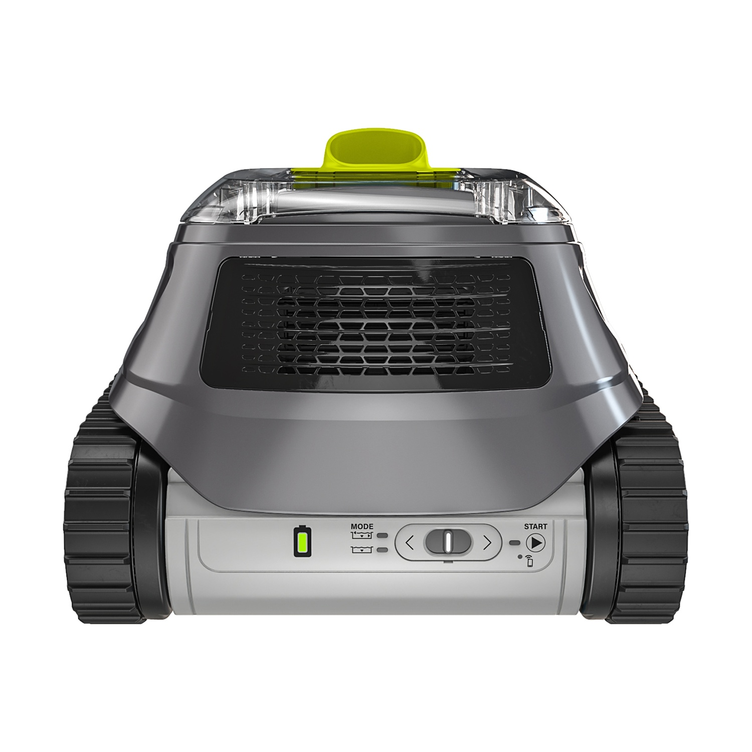Robot pulitore piscina grigio con cingoli neri, maniglia gialla e pannello di controllo.