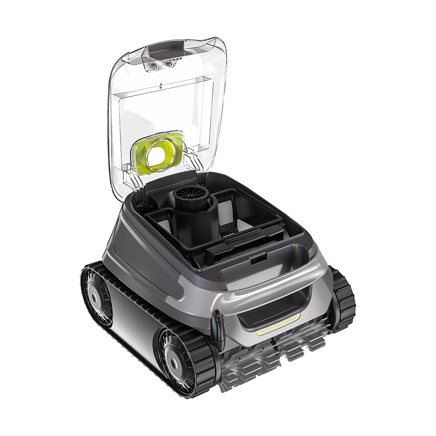Robot piscina grigio con coperchio aperto, cingoli e spazzole nere.