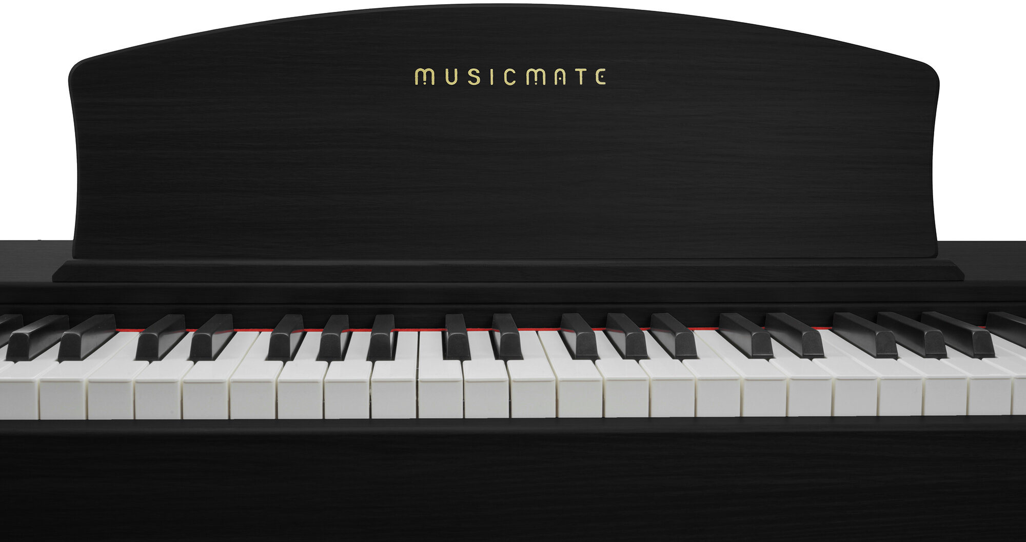 Czarny fortepian cyfrowy z pulpitem i logo "MUSICMATE".