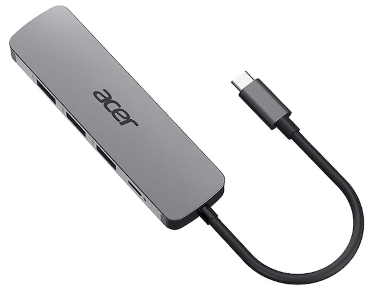 Un concentrador USB-C plateado de Acer con múltiples puertos y un cable USB-C conectado.