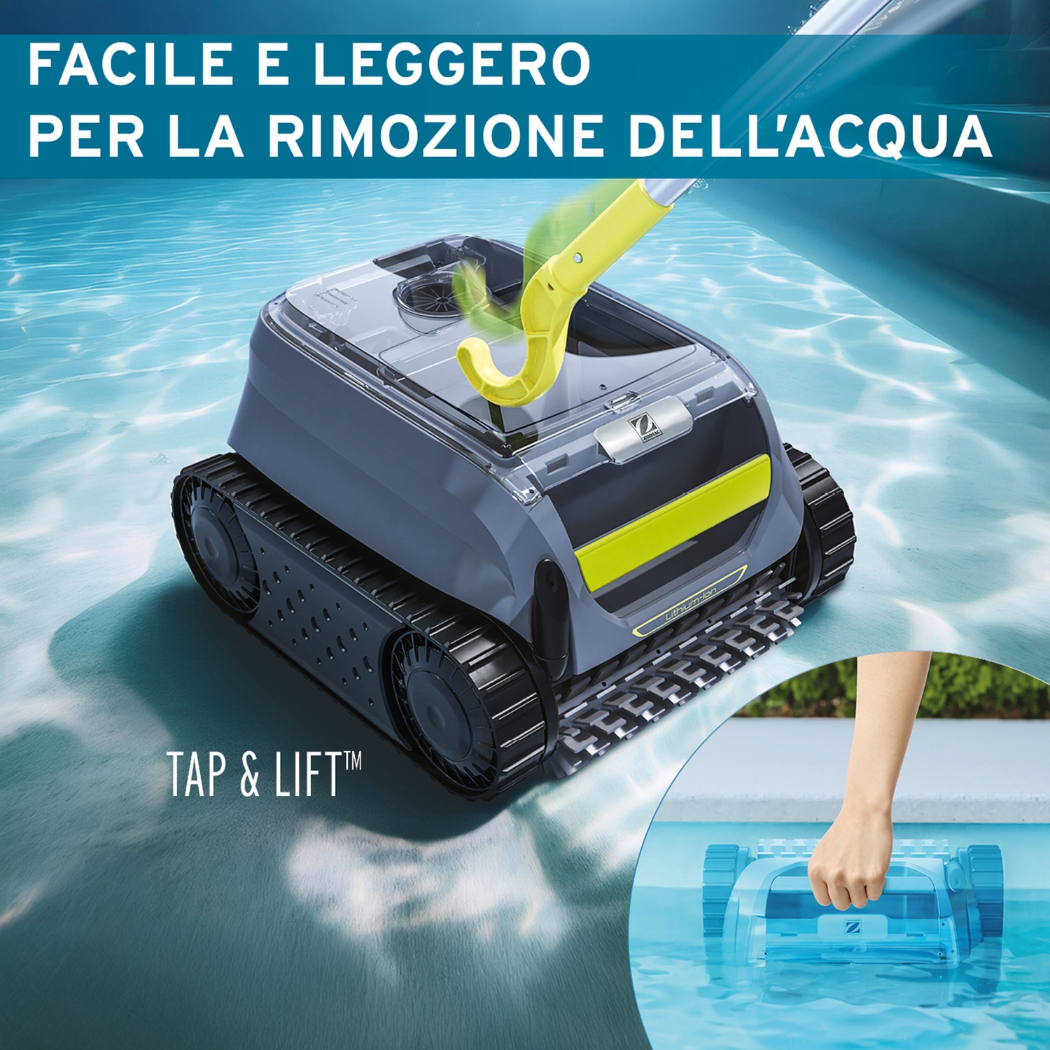 Un robot piscina con cingoli si muove in piscina, un manico lo solleva.