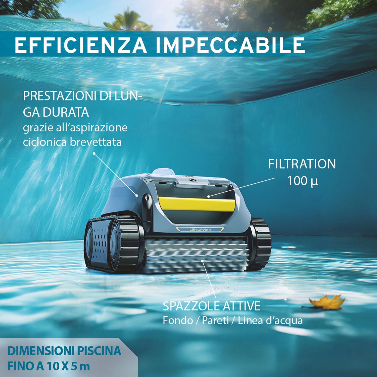 Un robot pulitore per piscine pulisce fondo, pareti e linea d'acqua con spazzole attive.