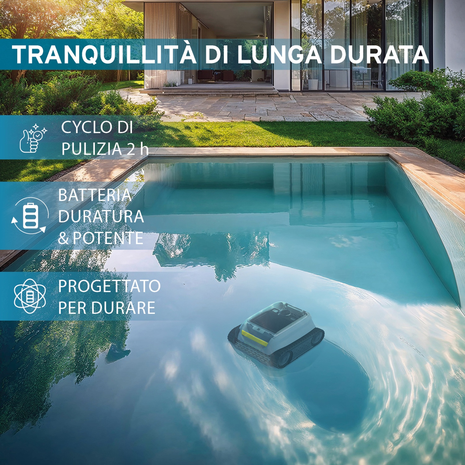 Un robot piscina a lunga durata pulisce una piscina accanto a una casa.