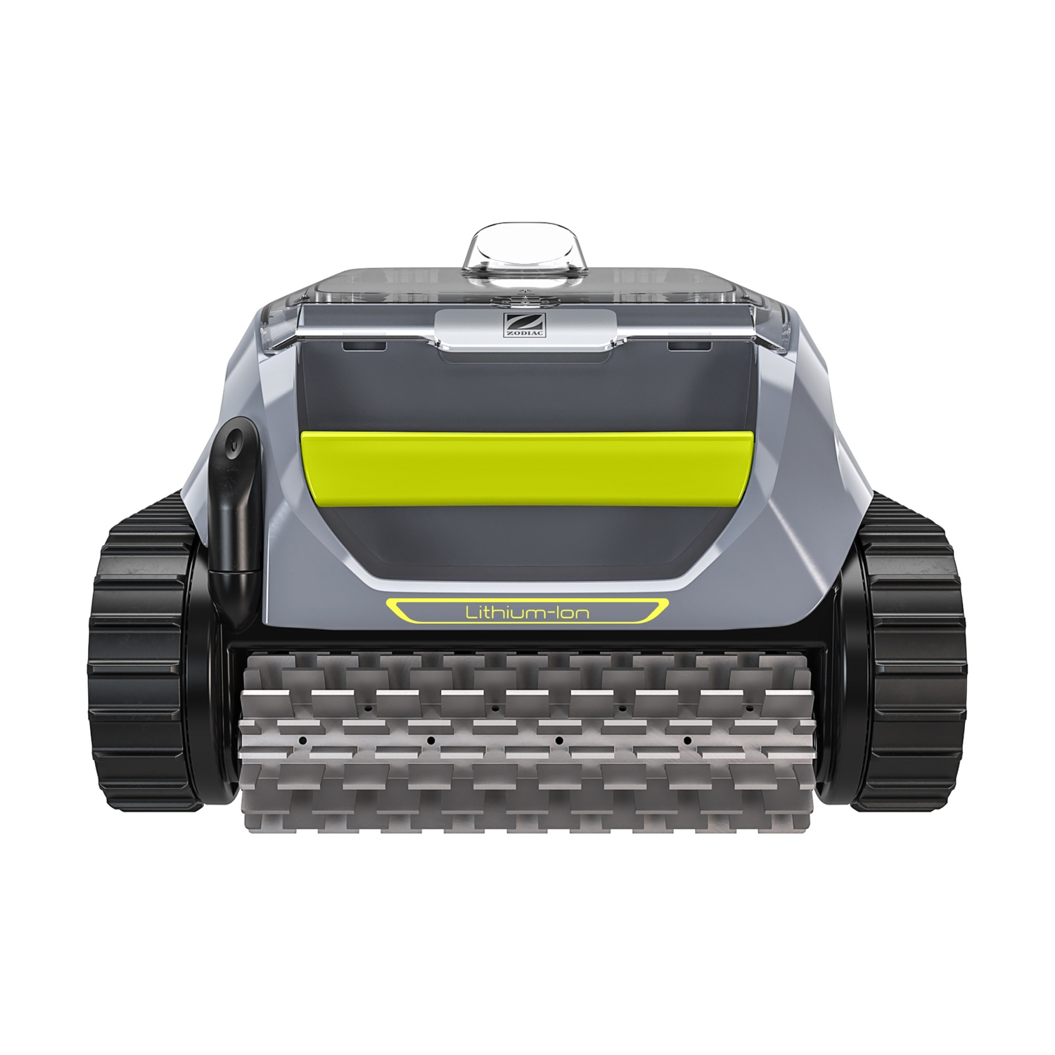 Un robot da piscina grigio con accenti gialli e cingoli neri.