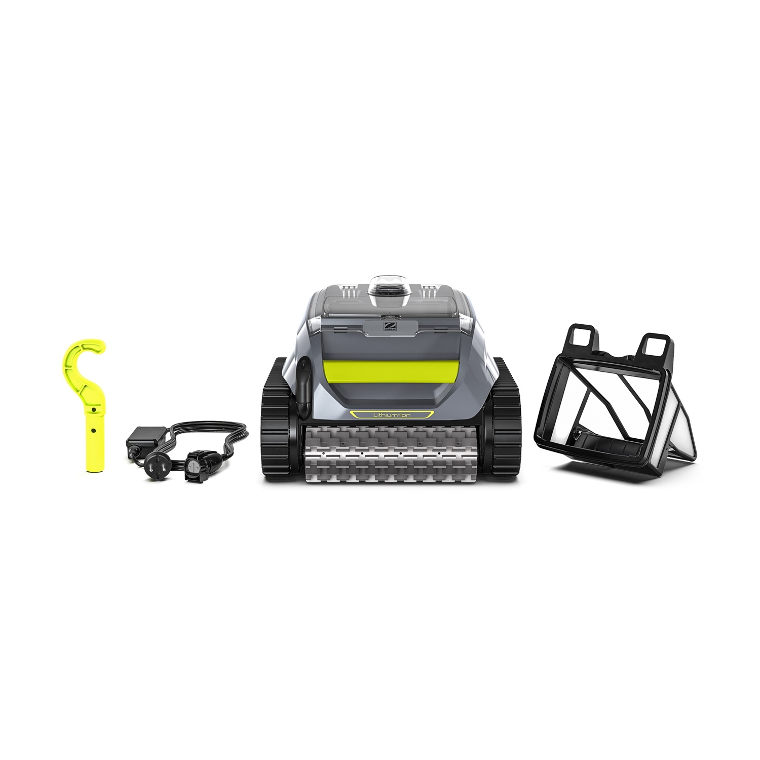 Pulitore robot piscina grigio e verde con manico giallo, caricatore e cestello filtro.