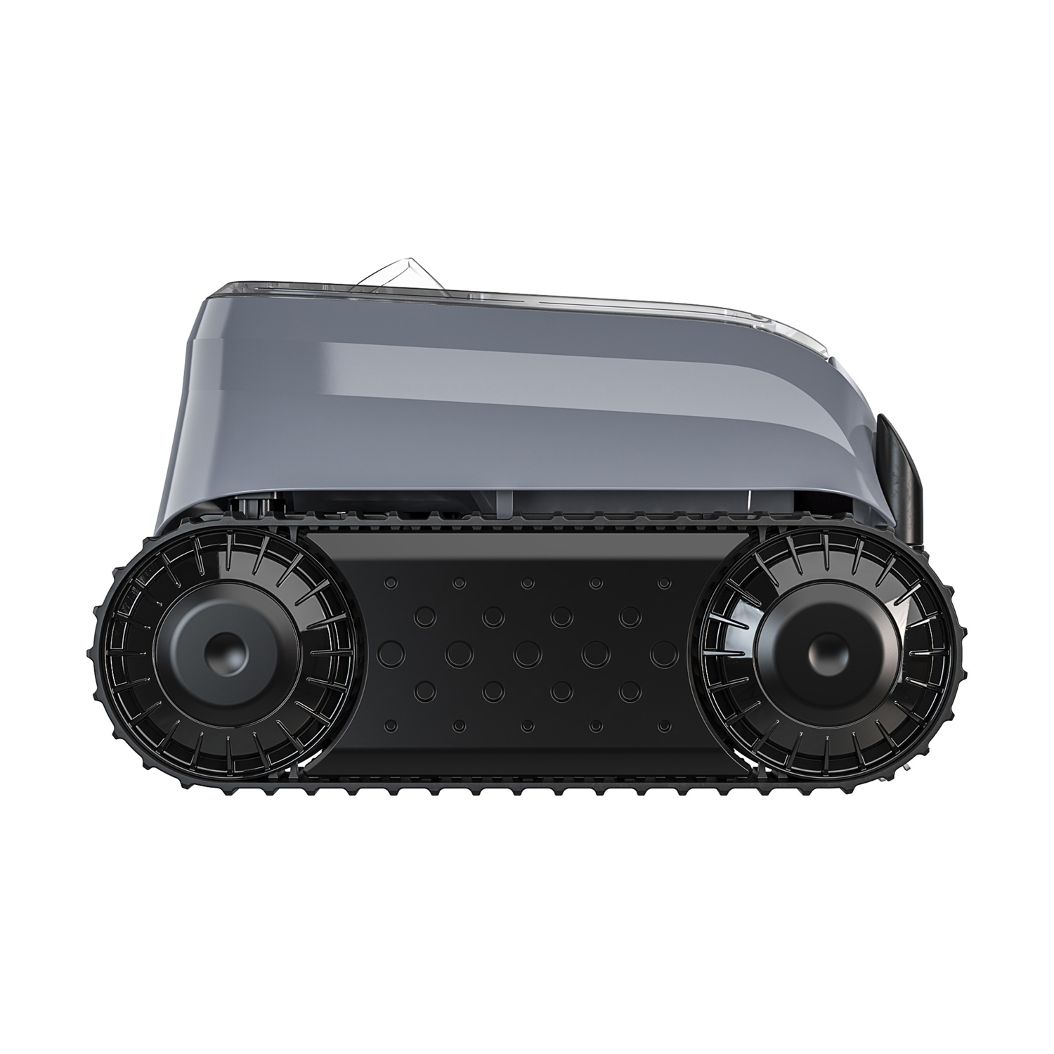 Robot grigio con cingoli e sospensione ruote nera.