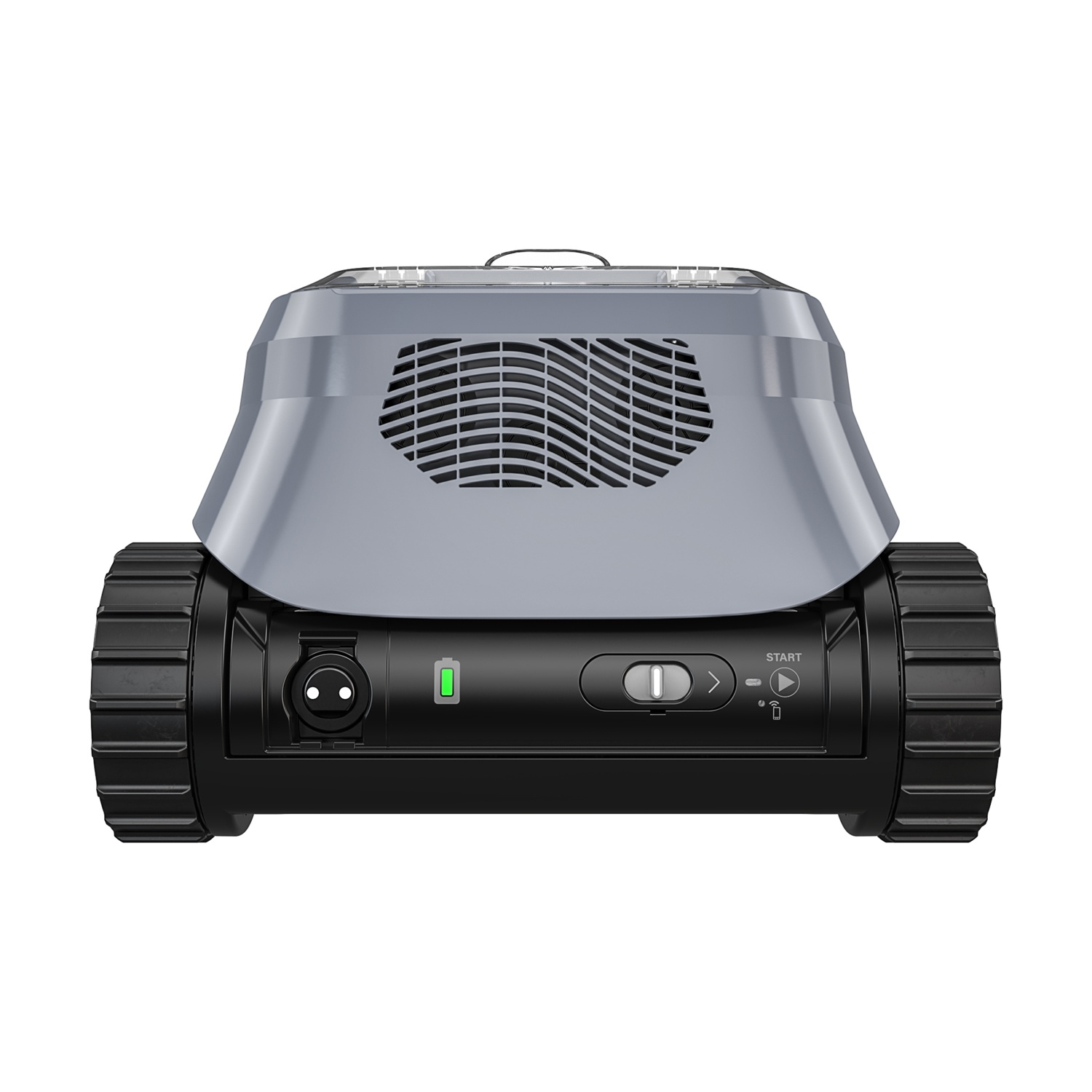 Robot grigio con cingoli neri, indicatore batteria verde e pulsante di avvio.