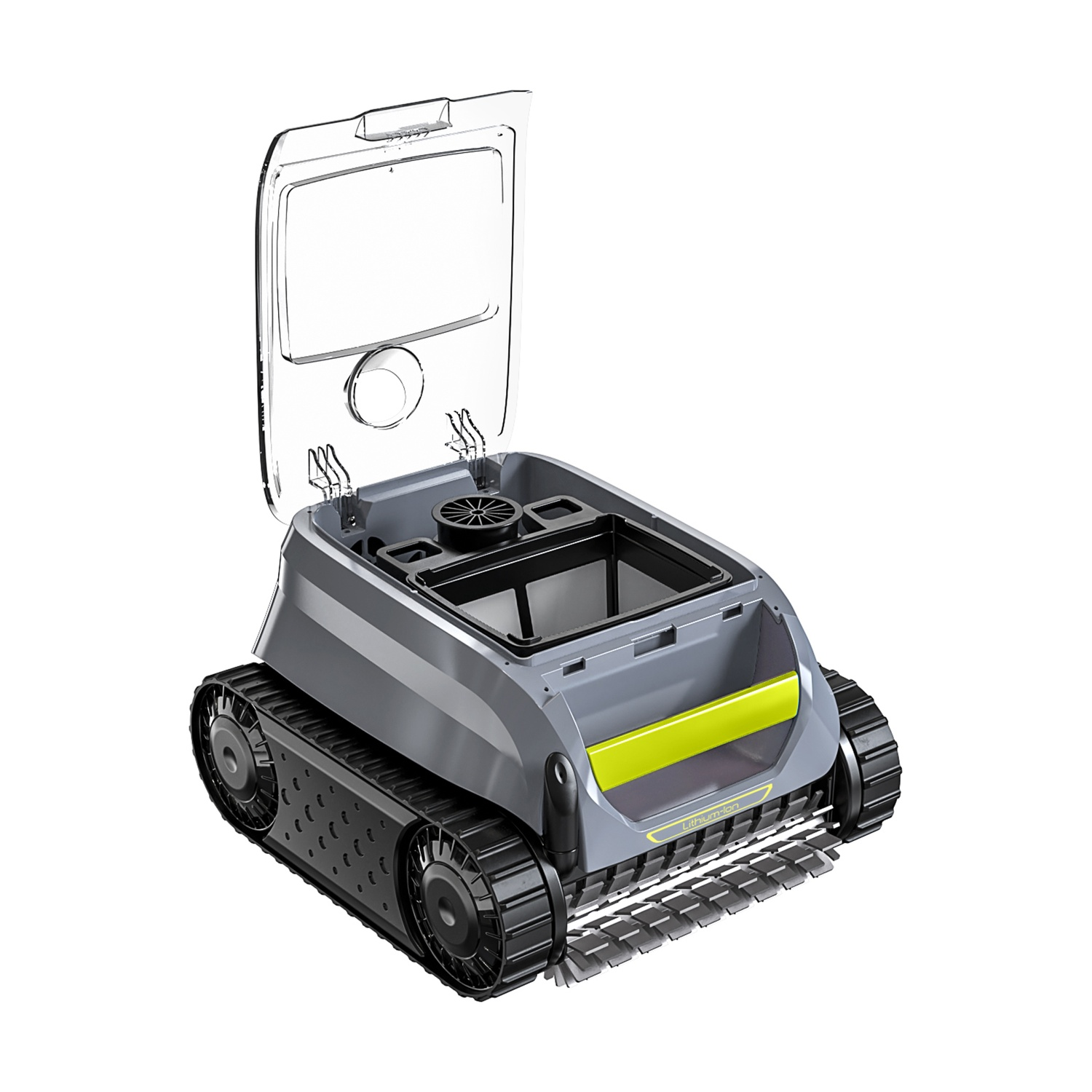 Robot piscina grigio con coperchio trasparente aperto, con cingoli.
