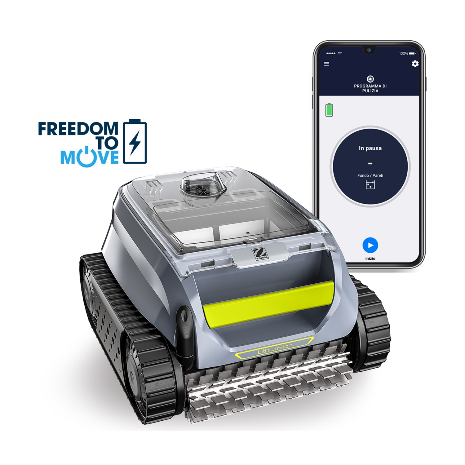 Un robot pulitore piscina con cingoli e uno smartphone che mostra l'app.