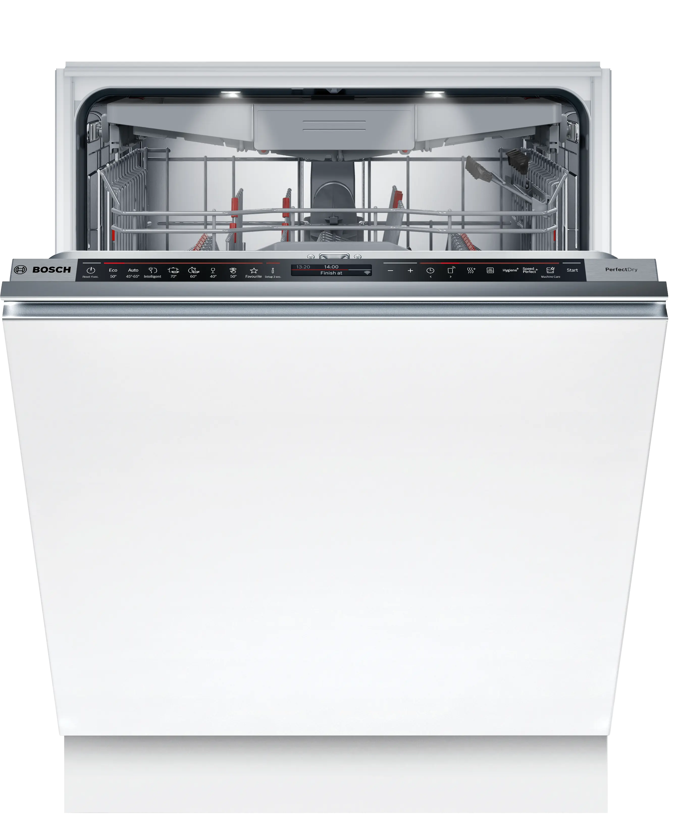 Otwarta biała zmywarka Bosch ze srebrnym panelem sterowania i cyfrowymi wyświetlaczami.