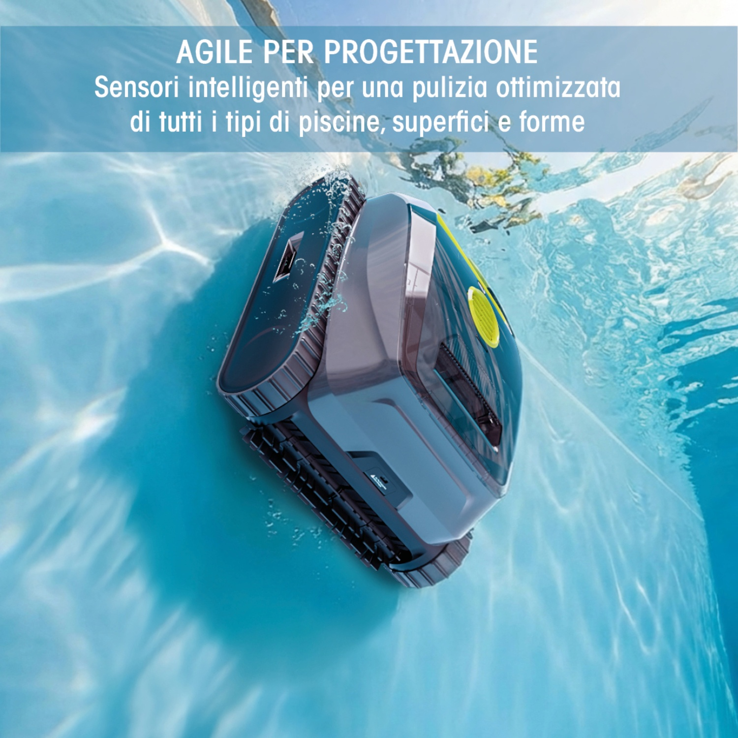 Un robot pulitore piscina con sensori intelligenti pulisce il fondo.