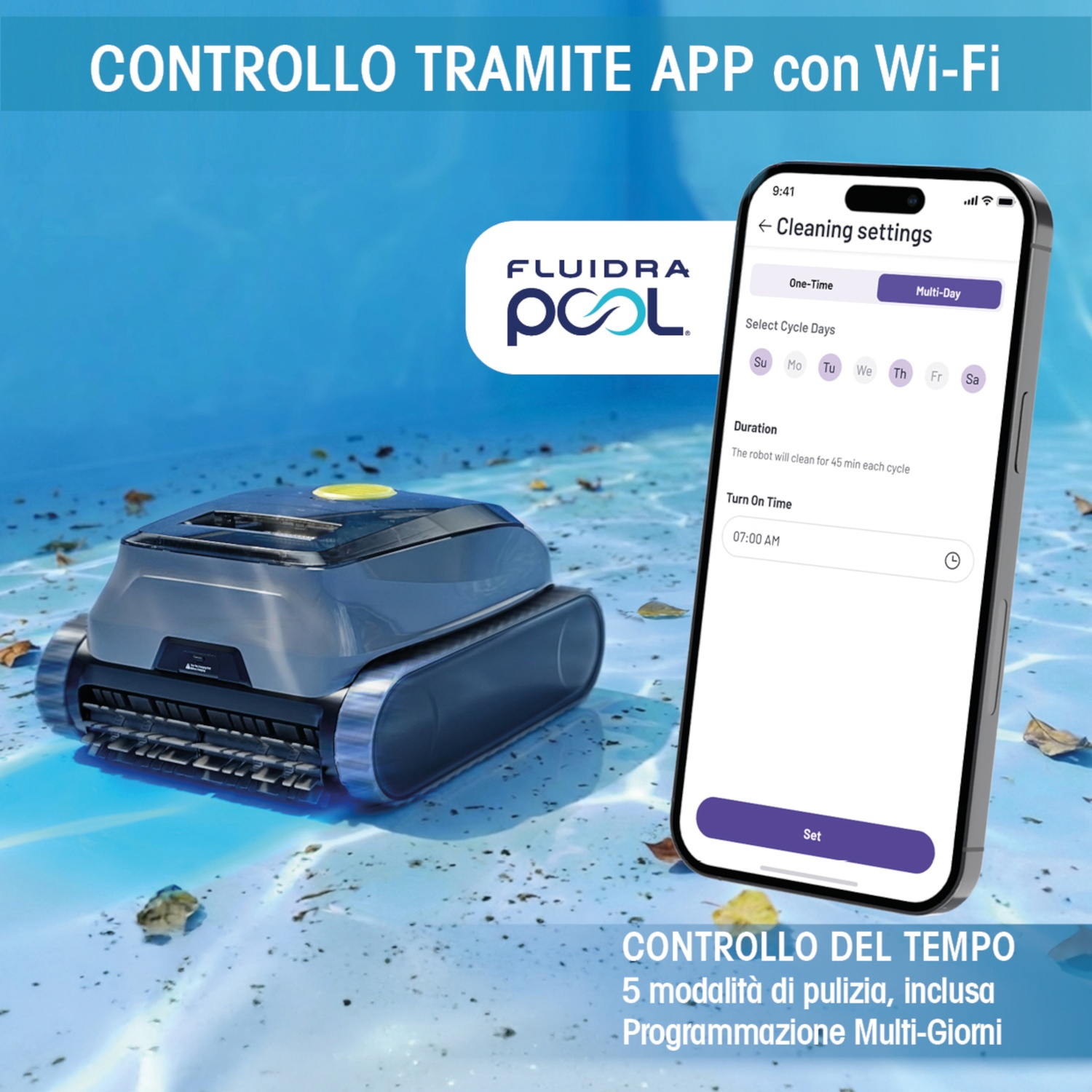 Un robot piscina riposa nell'acqua accanto a uno smartphone che mostra un'app per la pulizia.