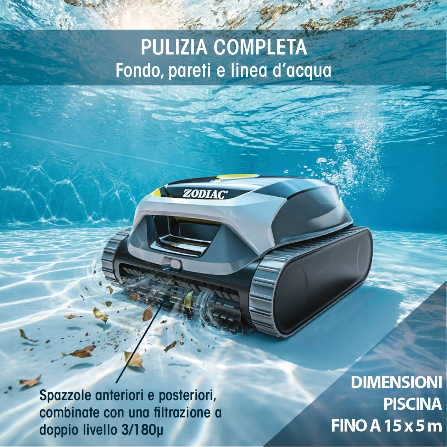 Un robot pulitore piscina pulisce il fondo della vasca dalle foglie.