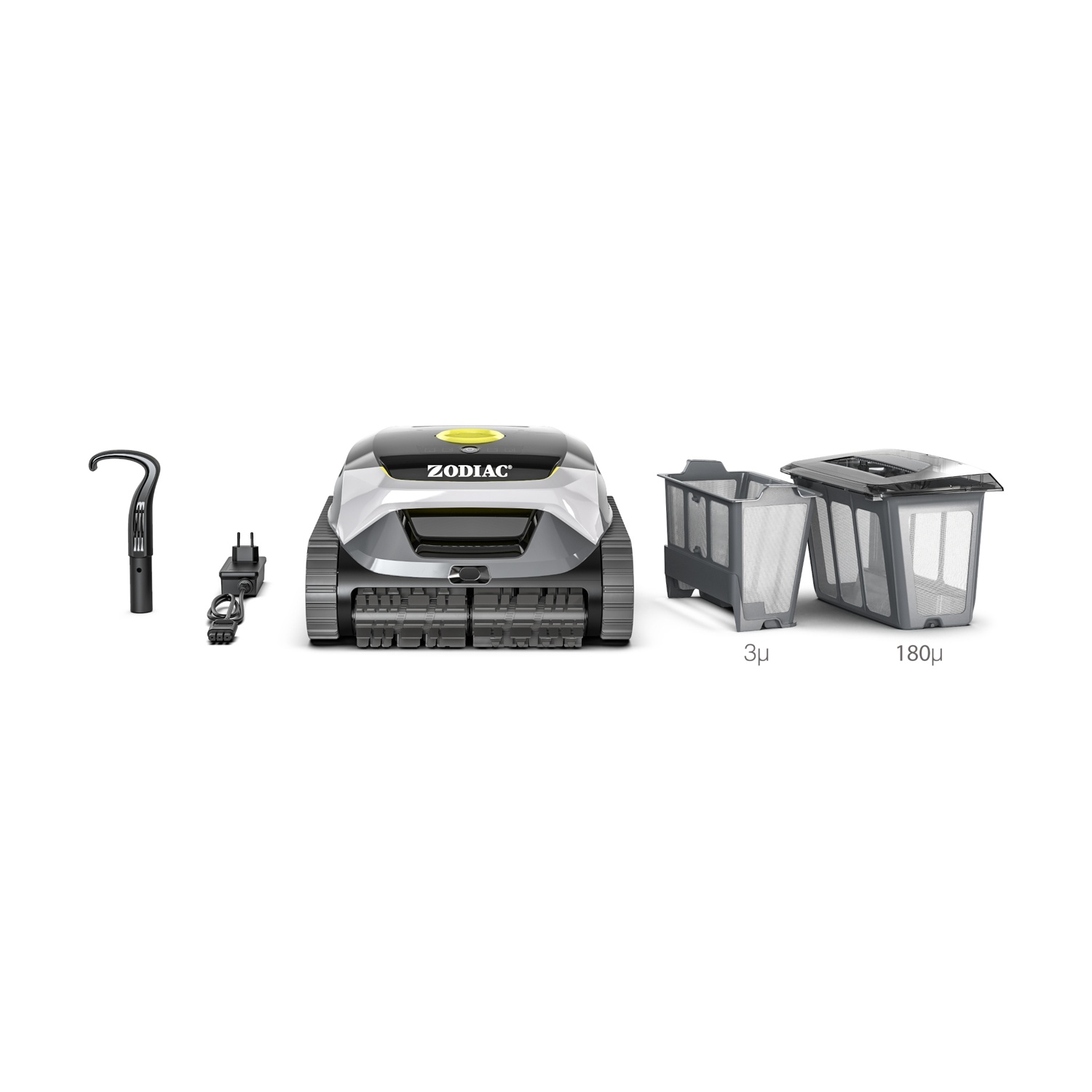 Un robot per piscina con accessori: manico, caricabatterie, cestelli filtro 3µ e 180µ.