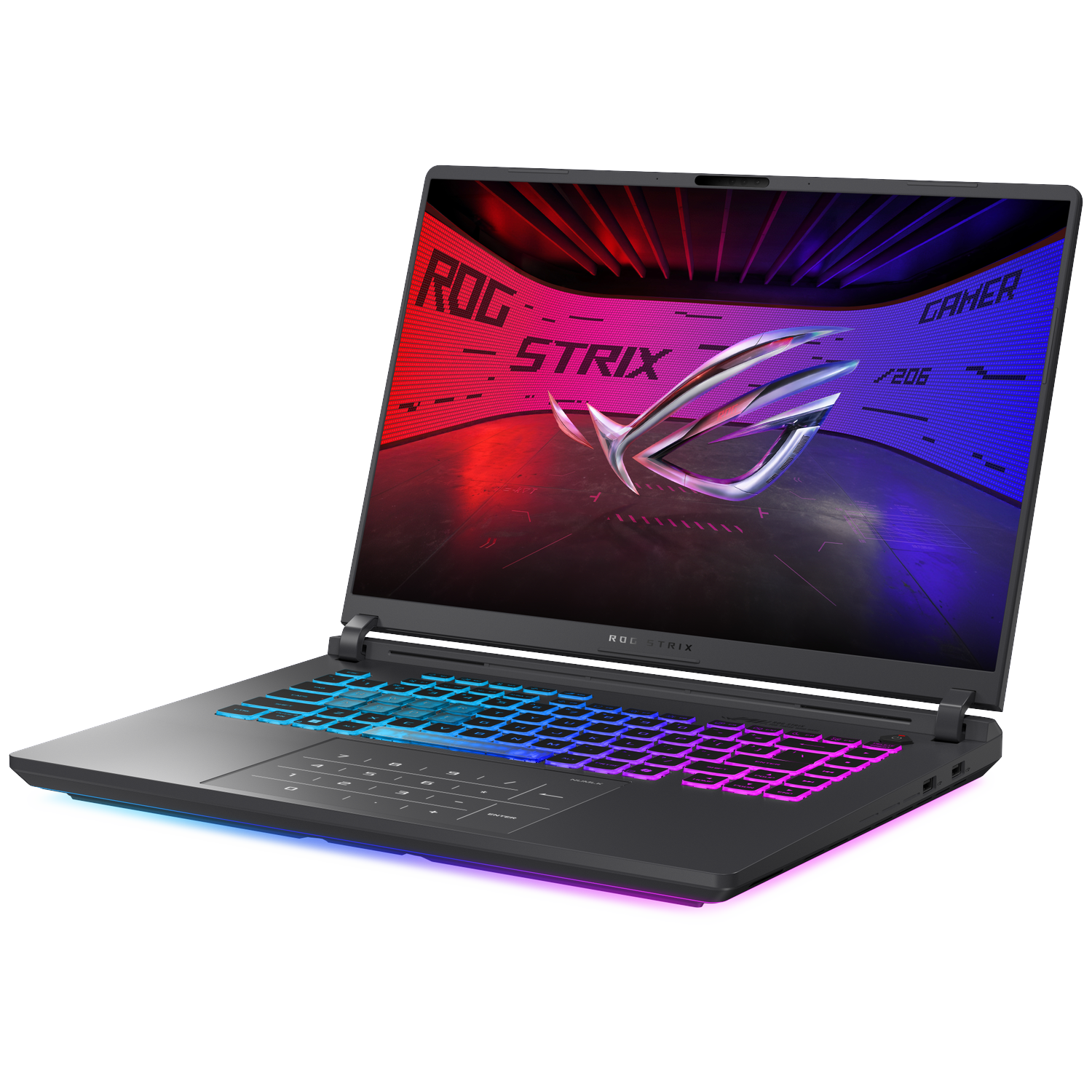Black laptop with illuminated keyboard and ROG Strix logo on screen.