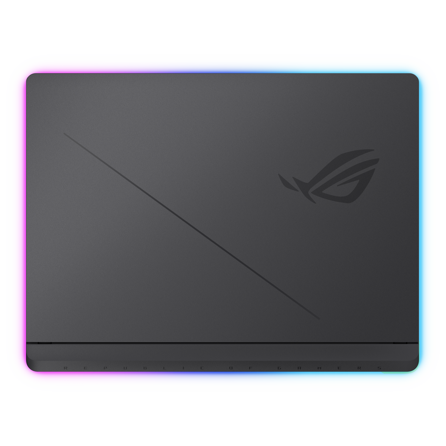 Gray gaming mousepad with ROG logo and RGB edge. "REPUBLIC OF GAMERS" printed below.