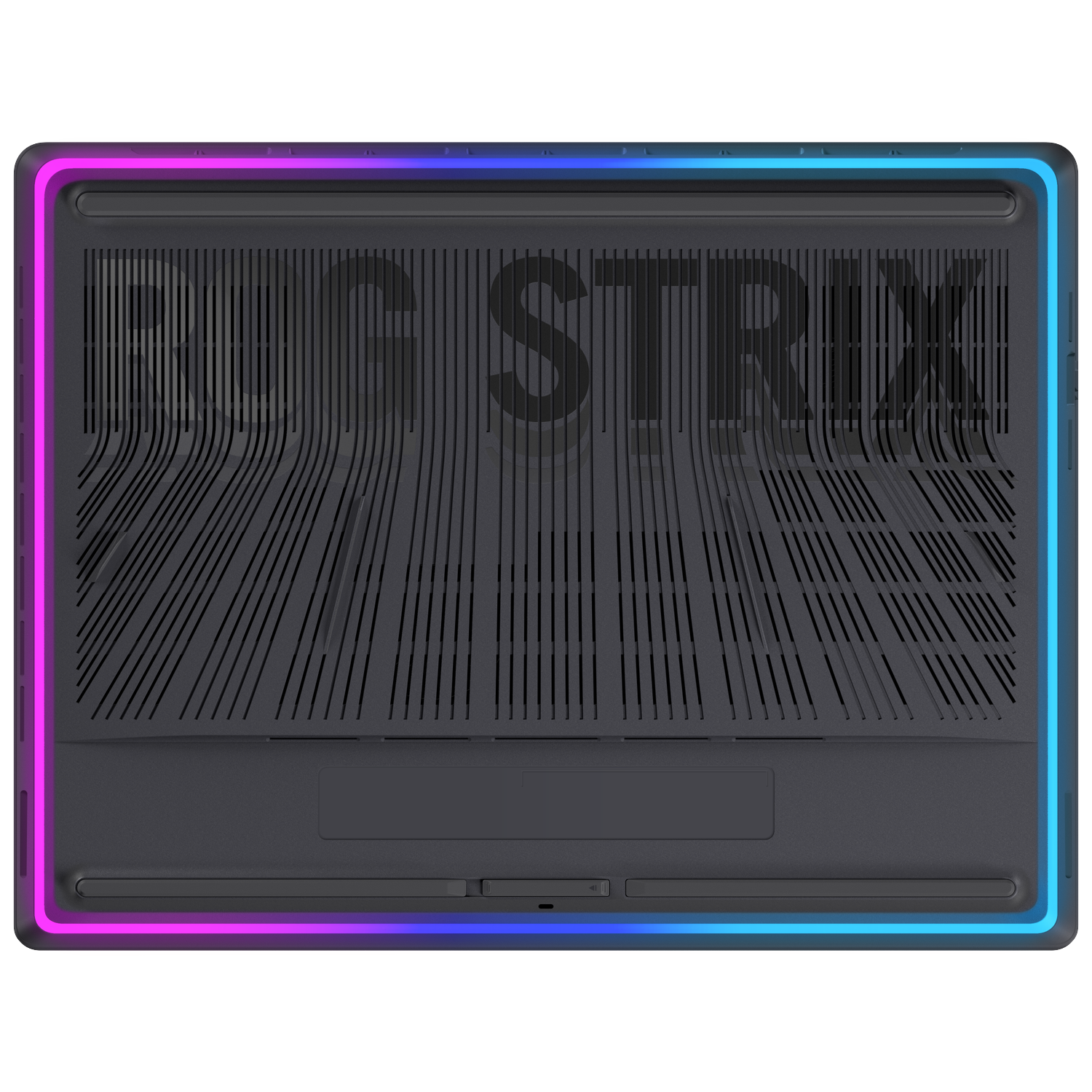 Gray laptop base with ventilation slots and RGB lighting.