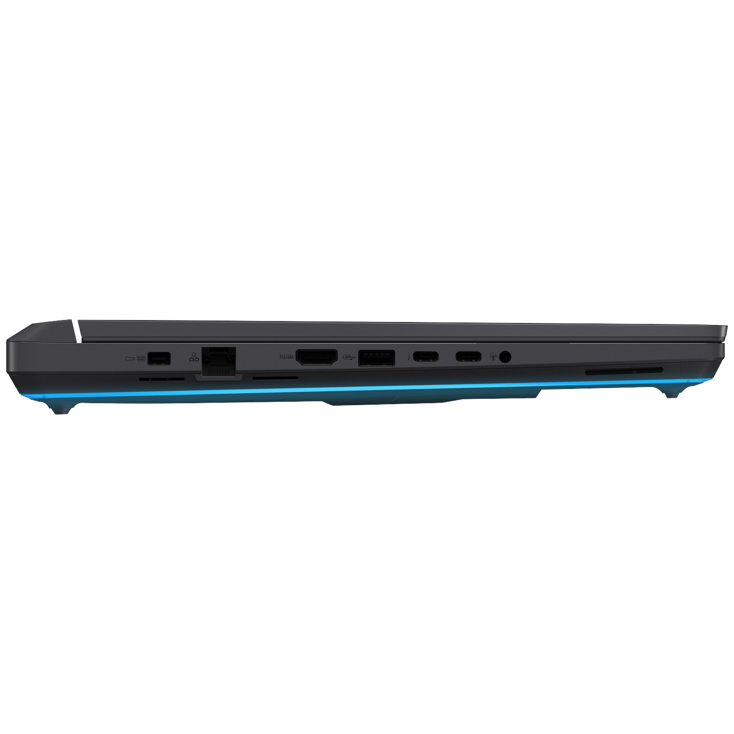 Side view of a laptop showing ports and blue accent lighting.