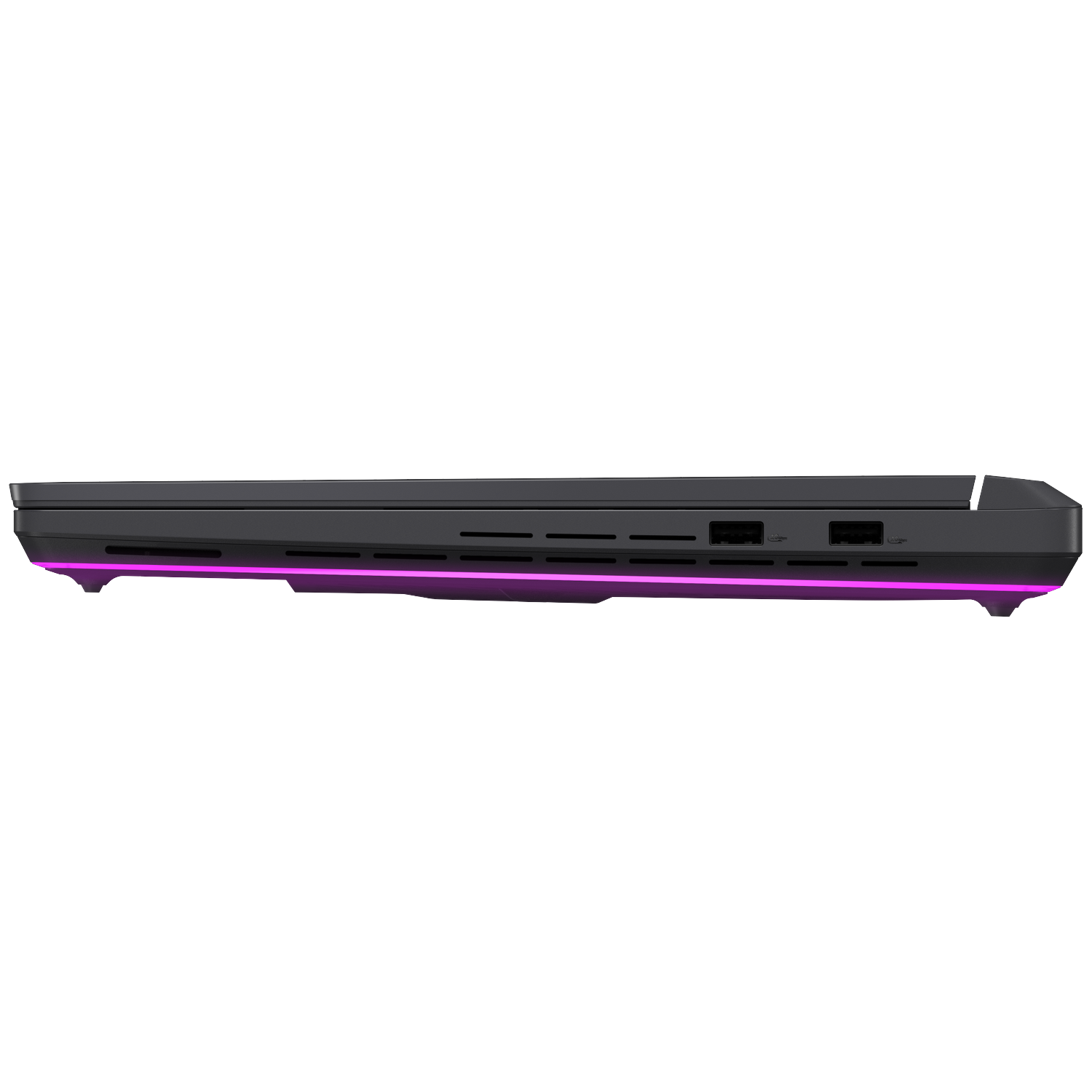 Black laptop with two USB ports and purple lighting on the side.