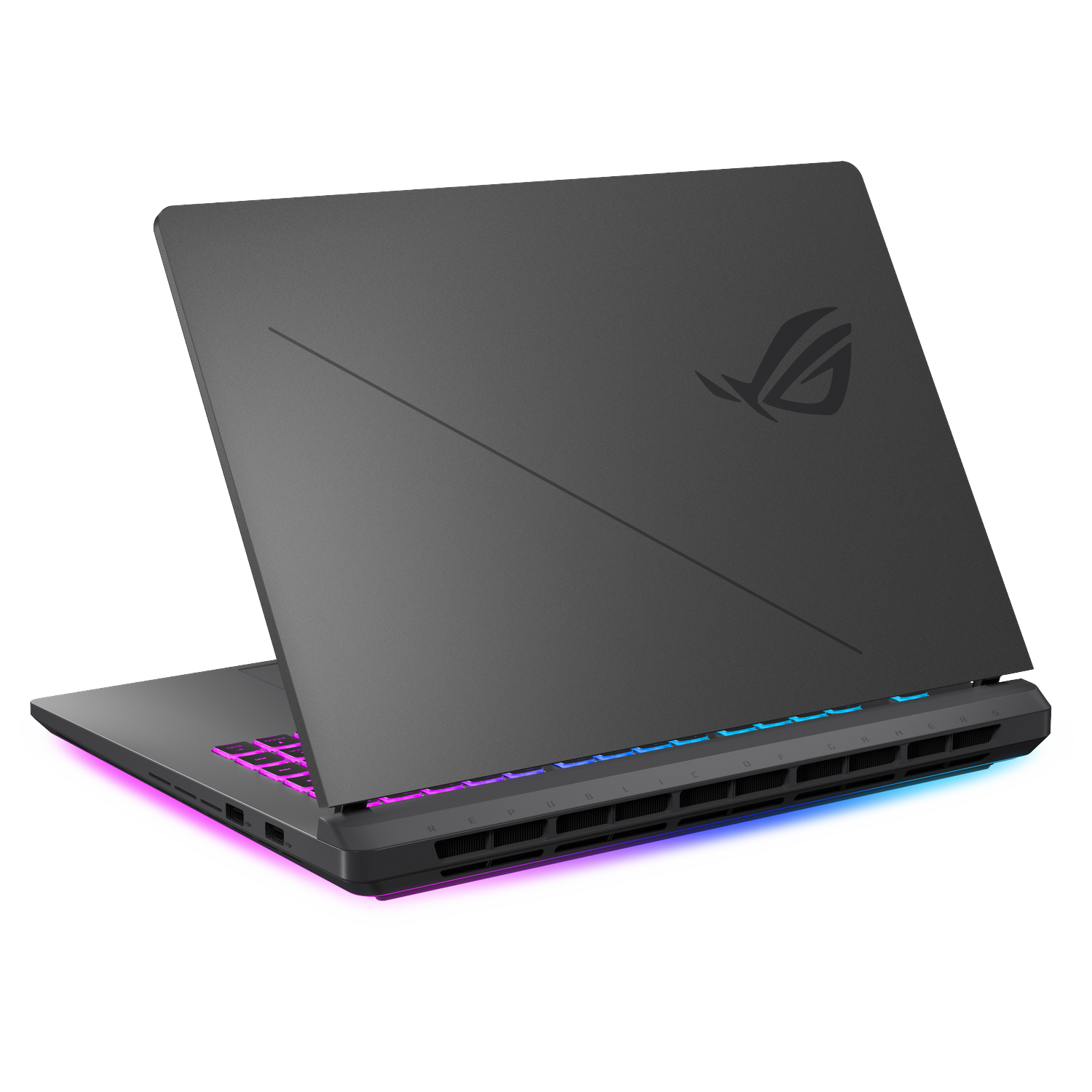Gray laptop with illuminated keyboard and RGB lighting on the bottom.