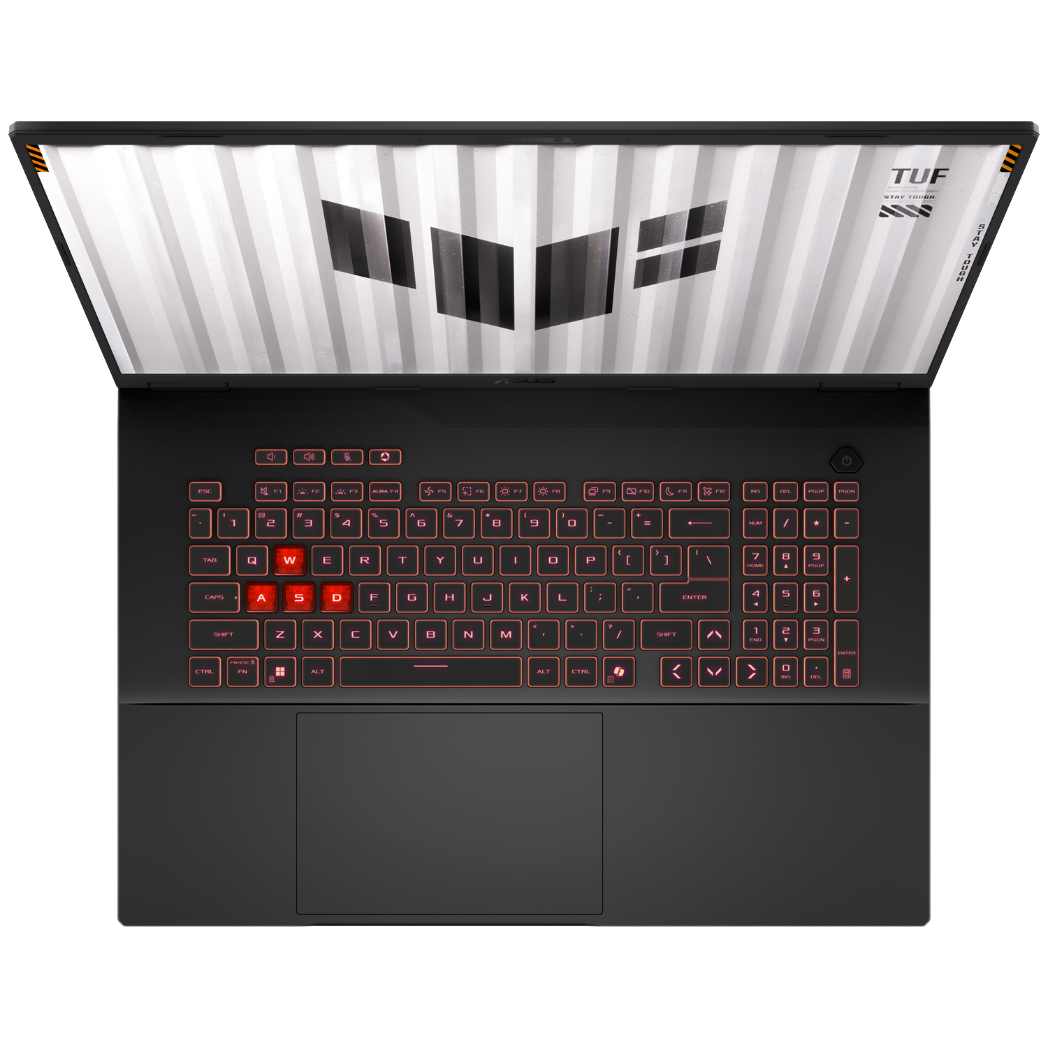 Open black laptop with illuminated red keyboard and TUF logo on screen.