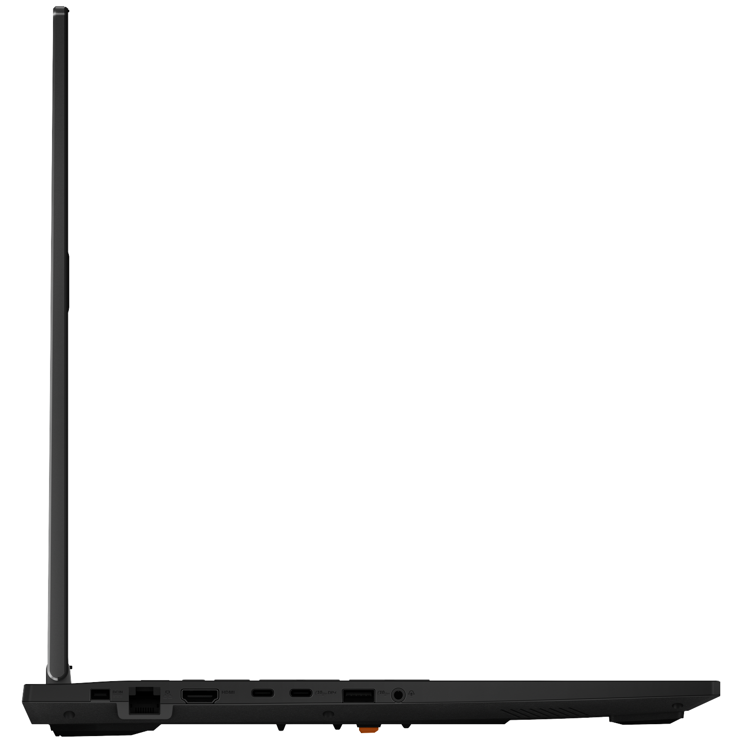 Side view of a black laptop showing ports: DCIN, HDMI, USB-C, DP.