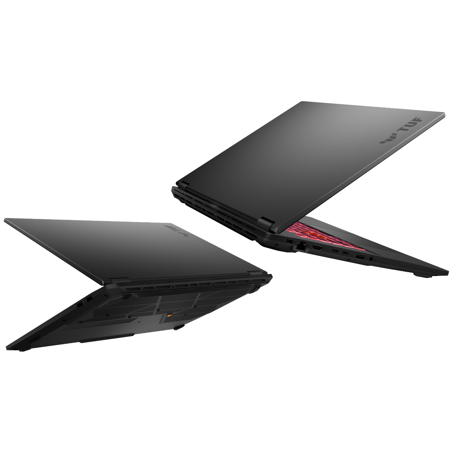 Two black laptops on a white background, one angled top view, the other side view.