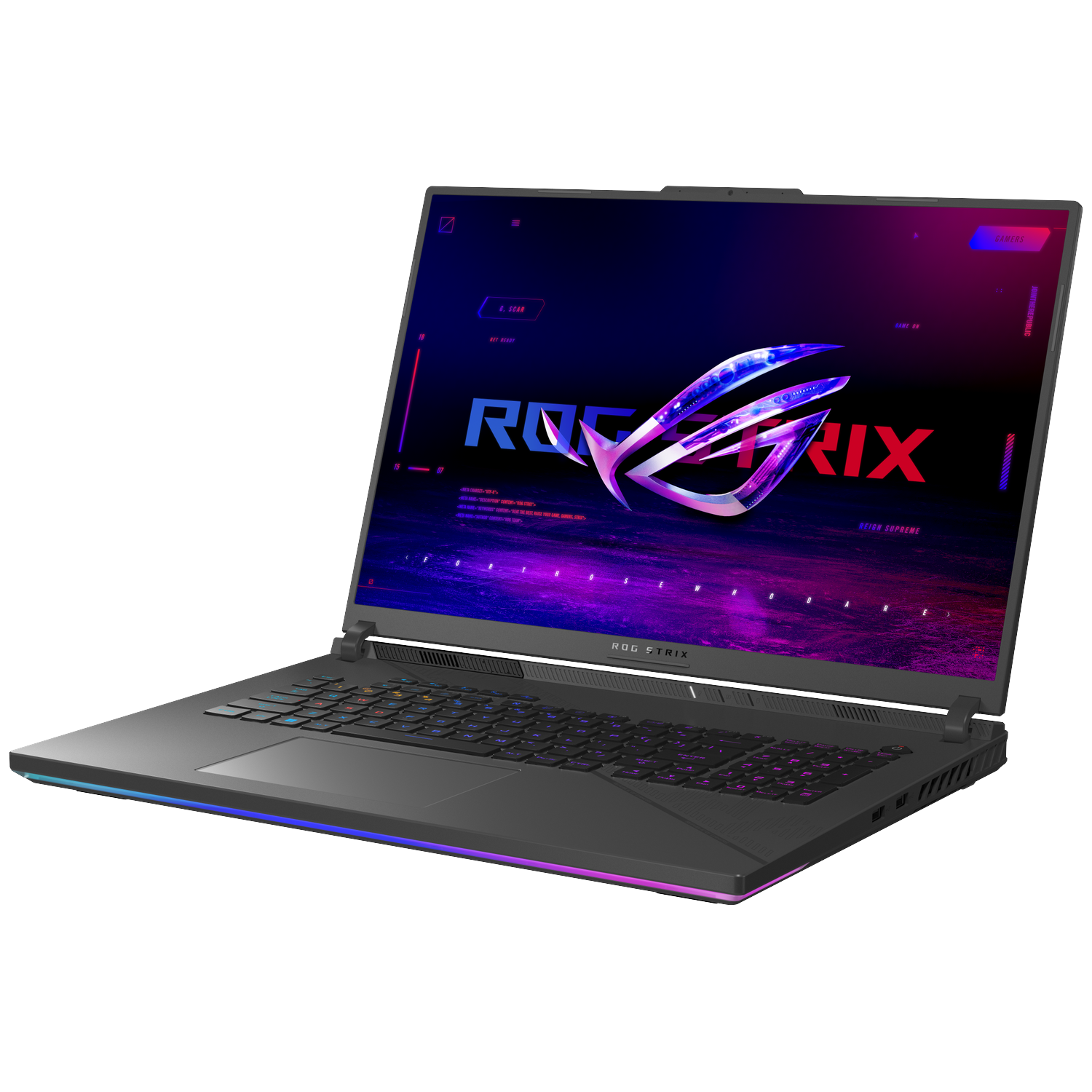 A black laptop with a lit keyboard and screen logo, against a black background.