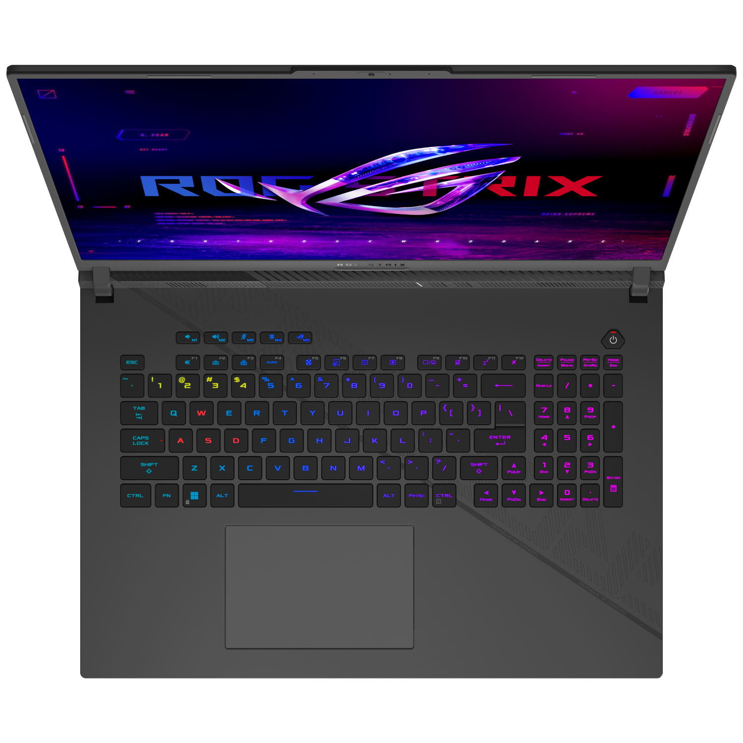 A dark laptop with a lit keyboard and ROG logo on the screen.
