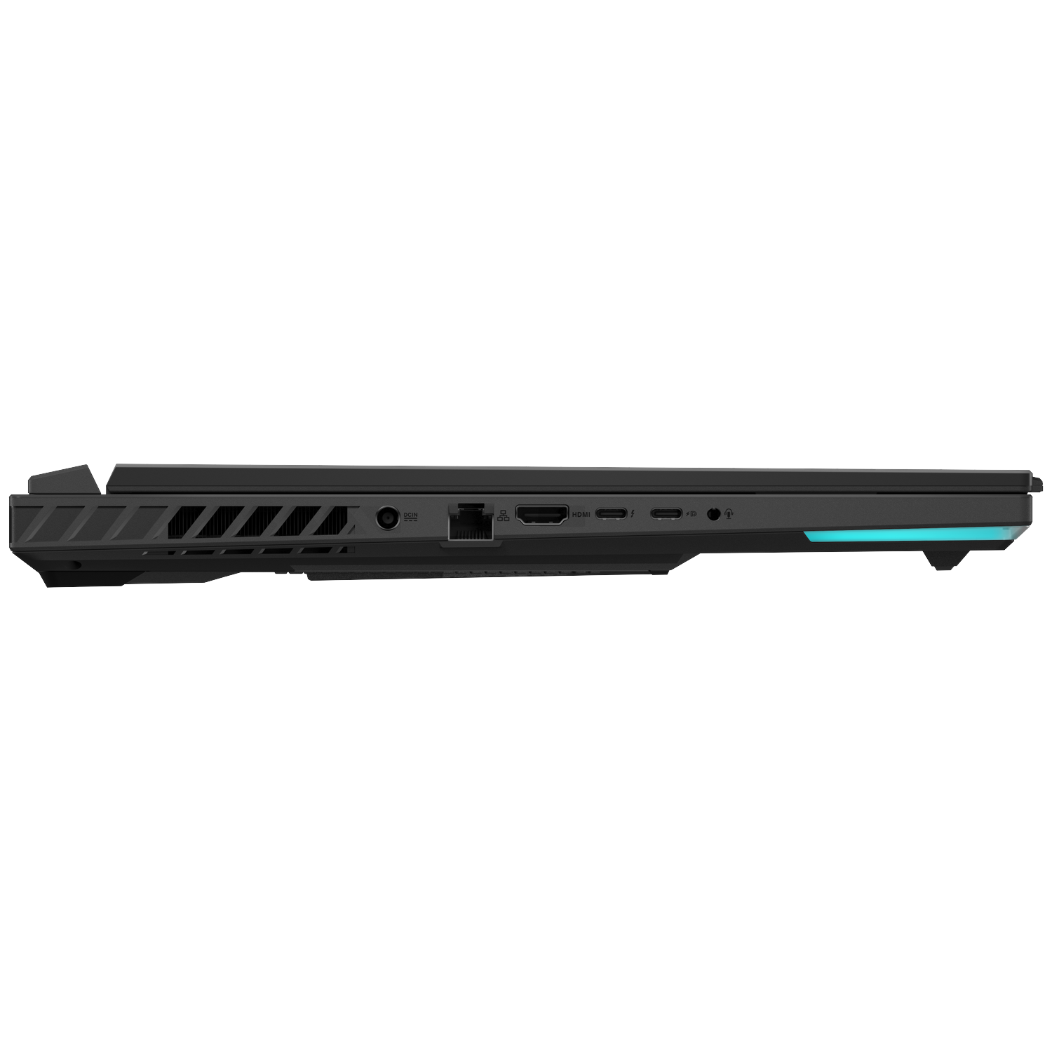Side view of a black laptop showing ports and blue lighting detail.