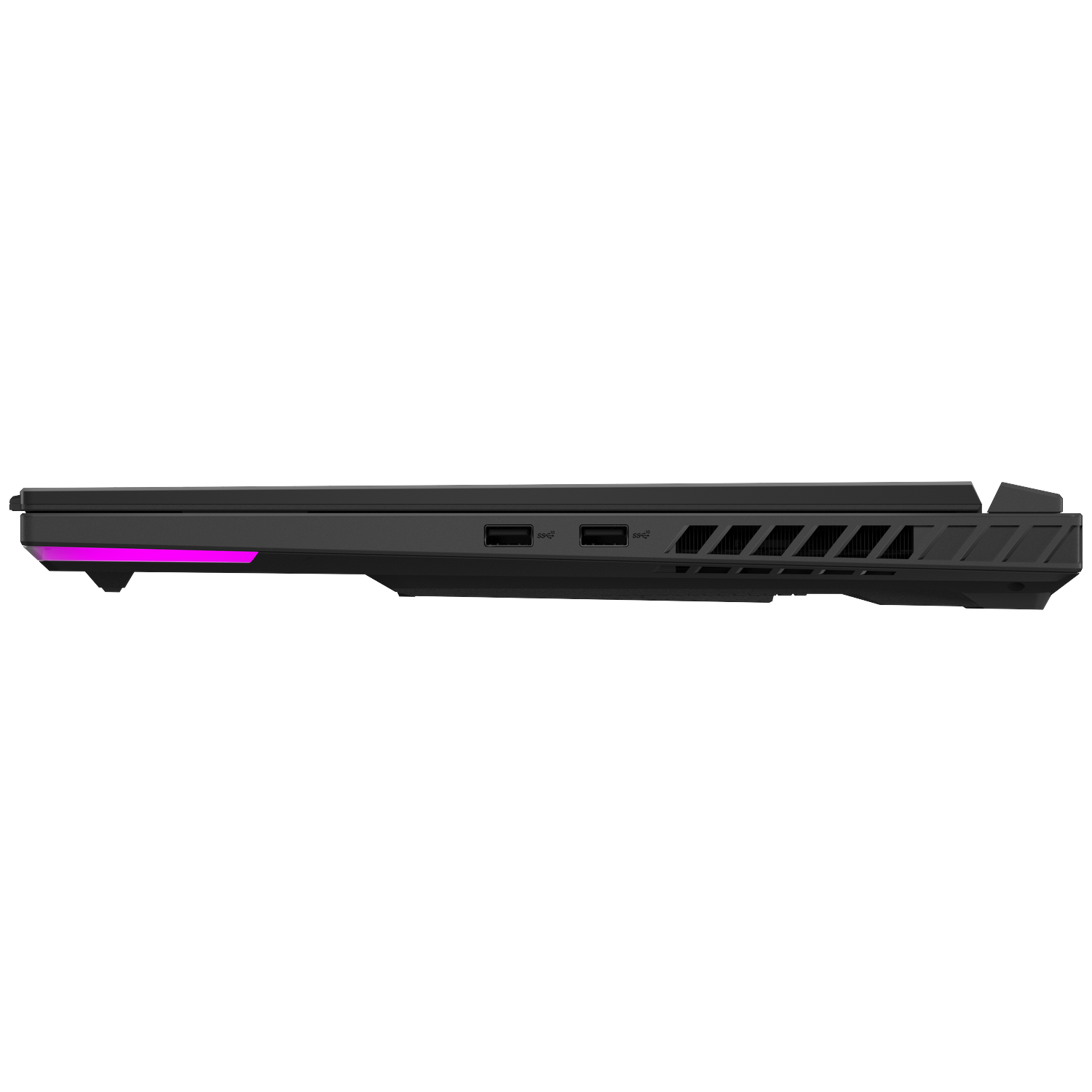 Side view of a black laptop with USB ports and pink lighting on the edge.