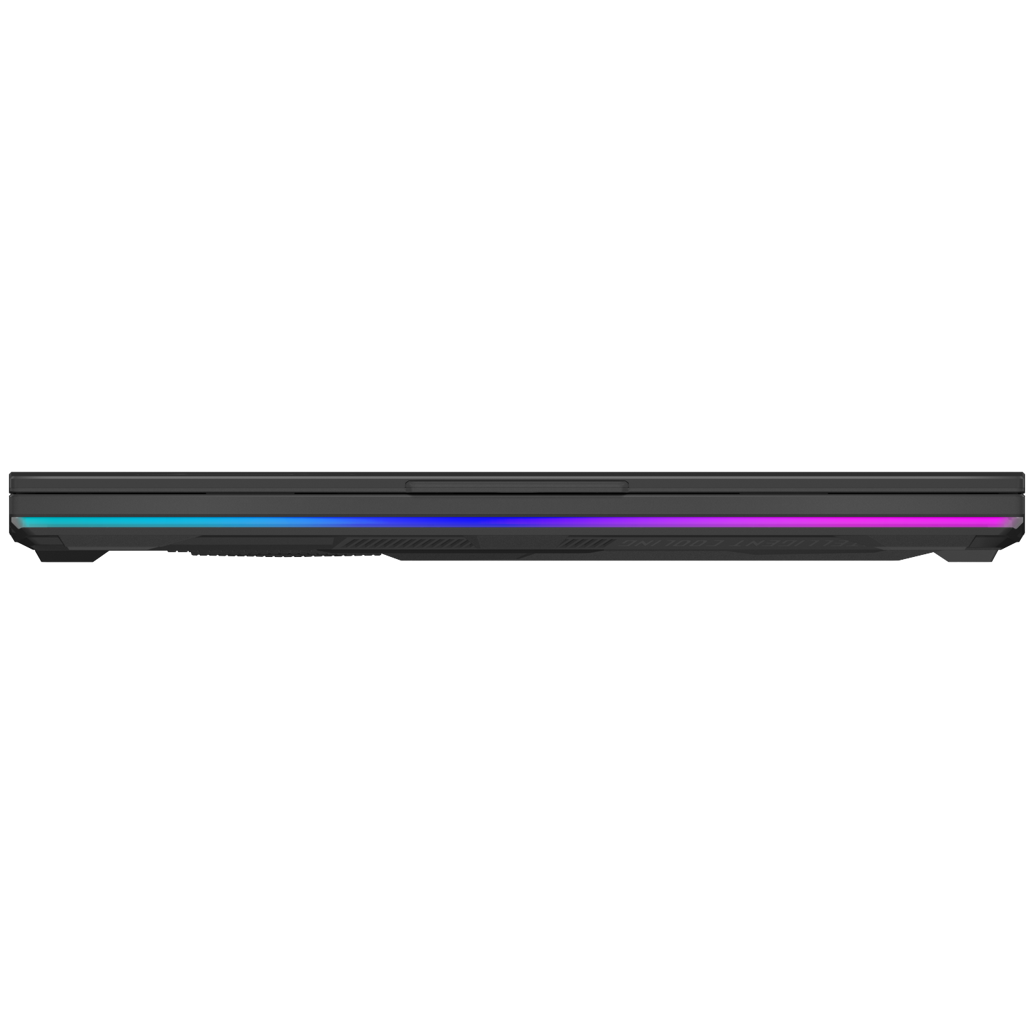 Black laptop with RGB lighting along the bottom edge.