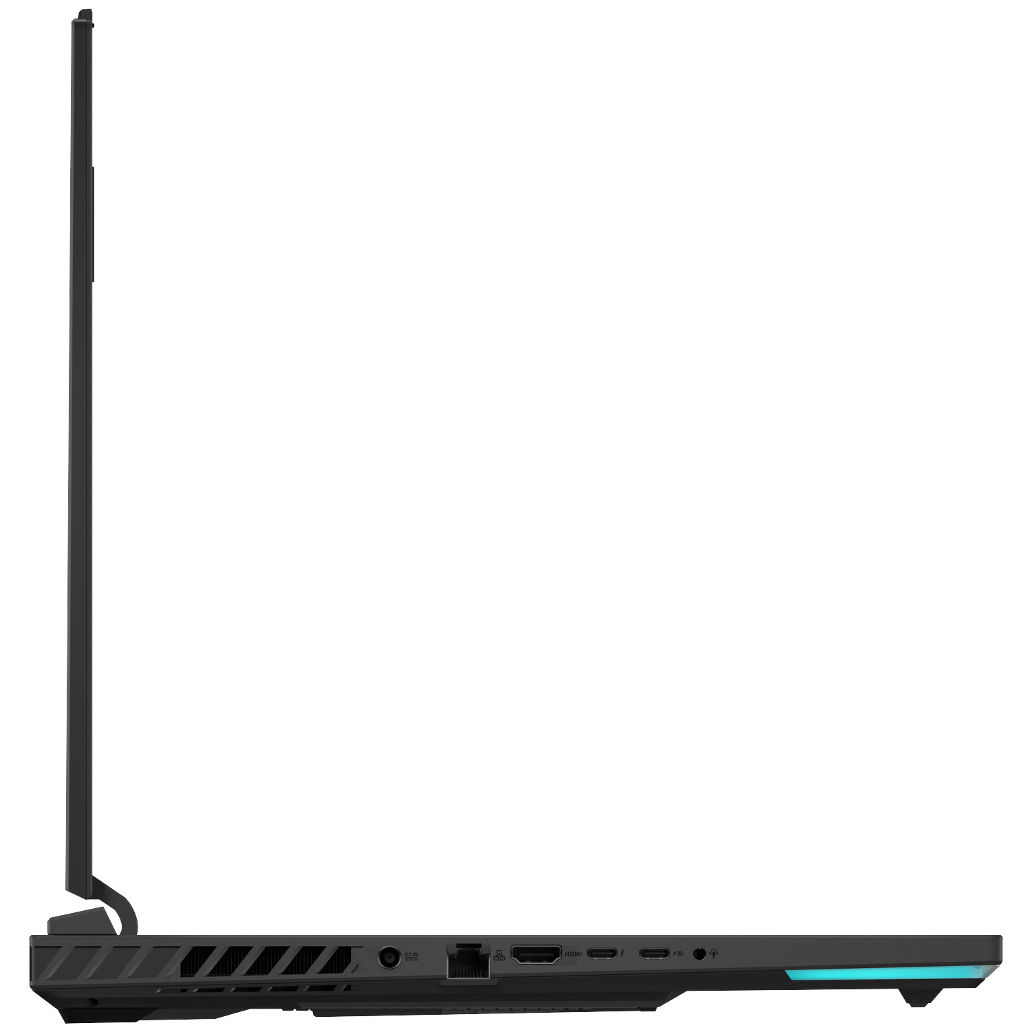 Black laptop side profile with ports and a blue light strip.