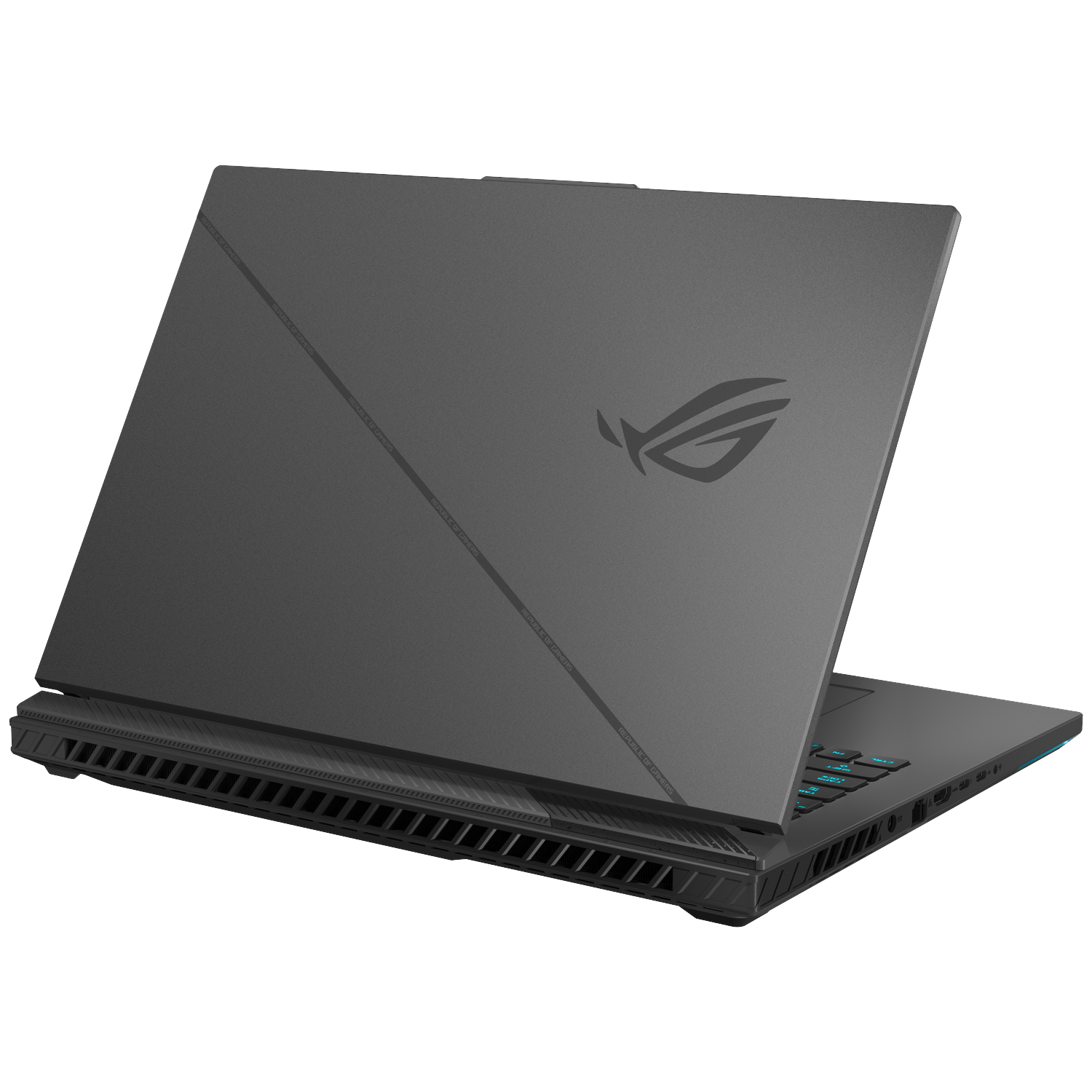 A gray laptop with a backlit keyboard and the ROG logo.