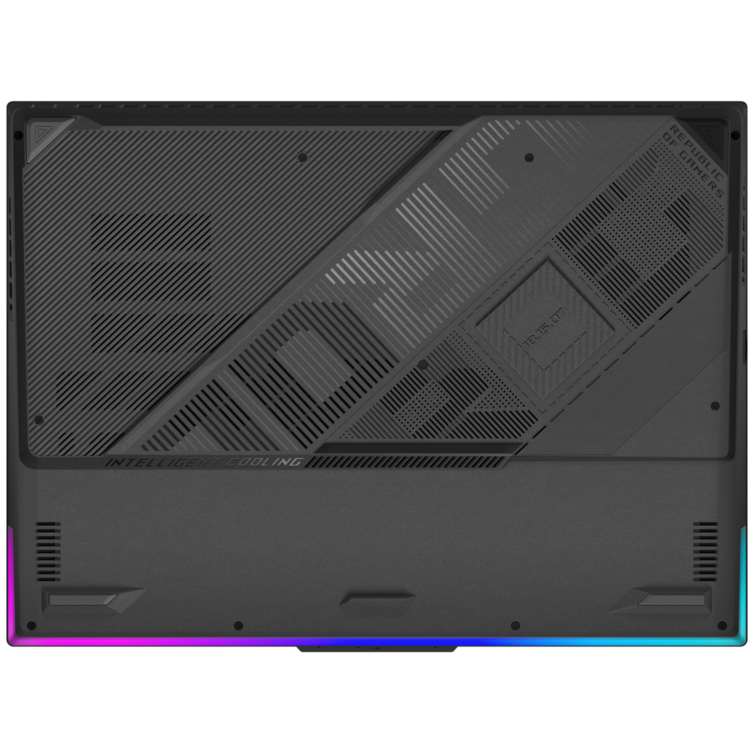 Underside of a black laptop with vents and RGB lighting.