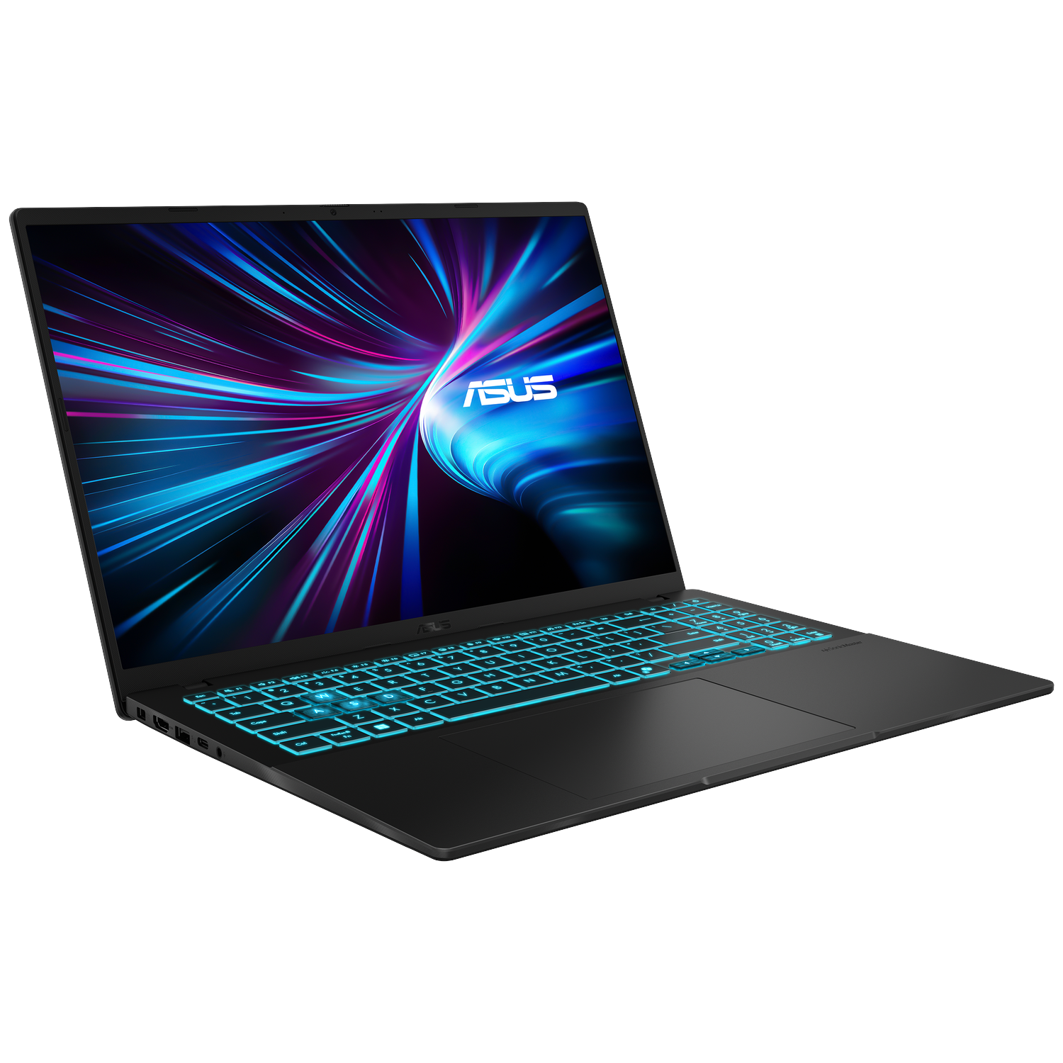 Black Asus laptop with illuminated blue keyboard and a colorful wallpaper on the screen.