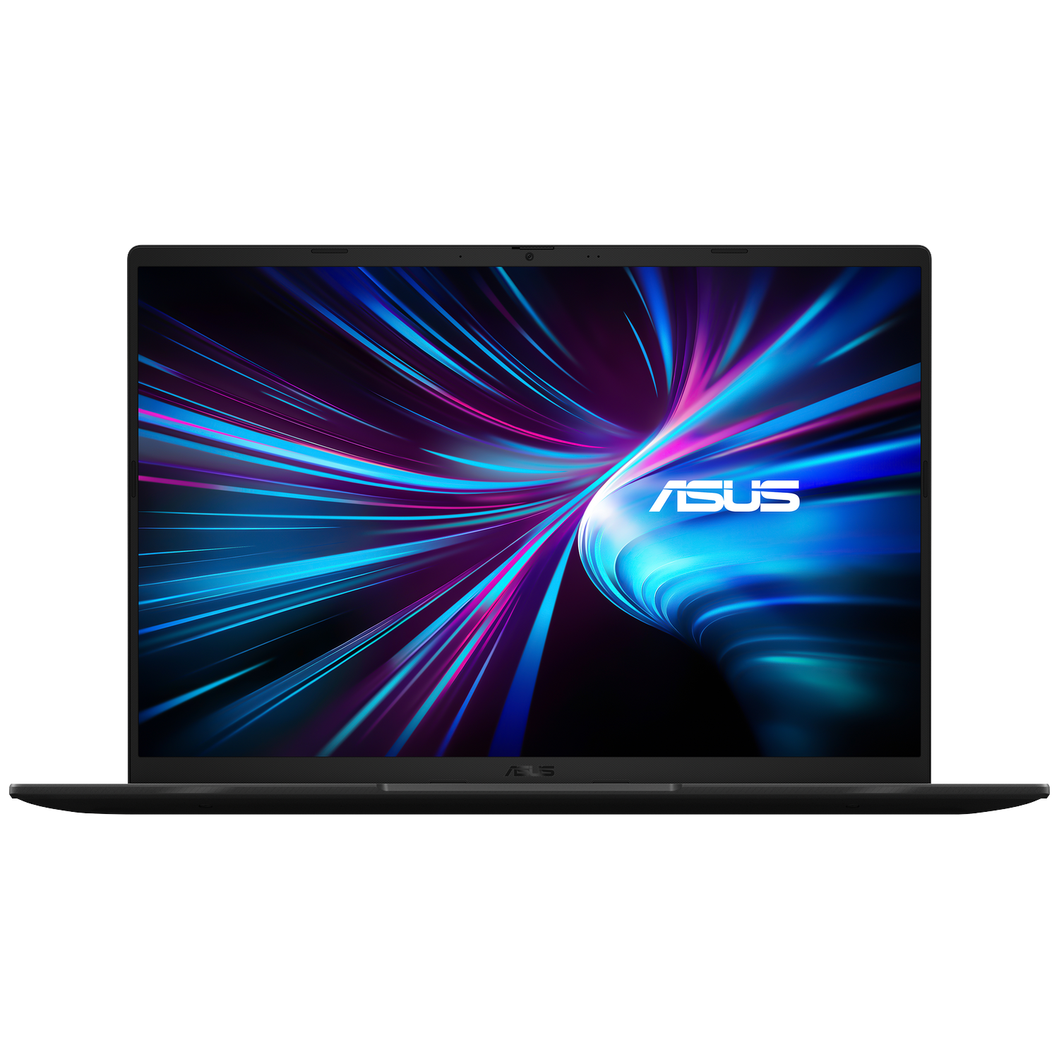 A black laptop with a glowing ASUS logo on screen, showing an abstract blue and pink light swirl.