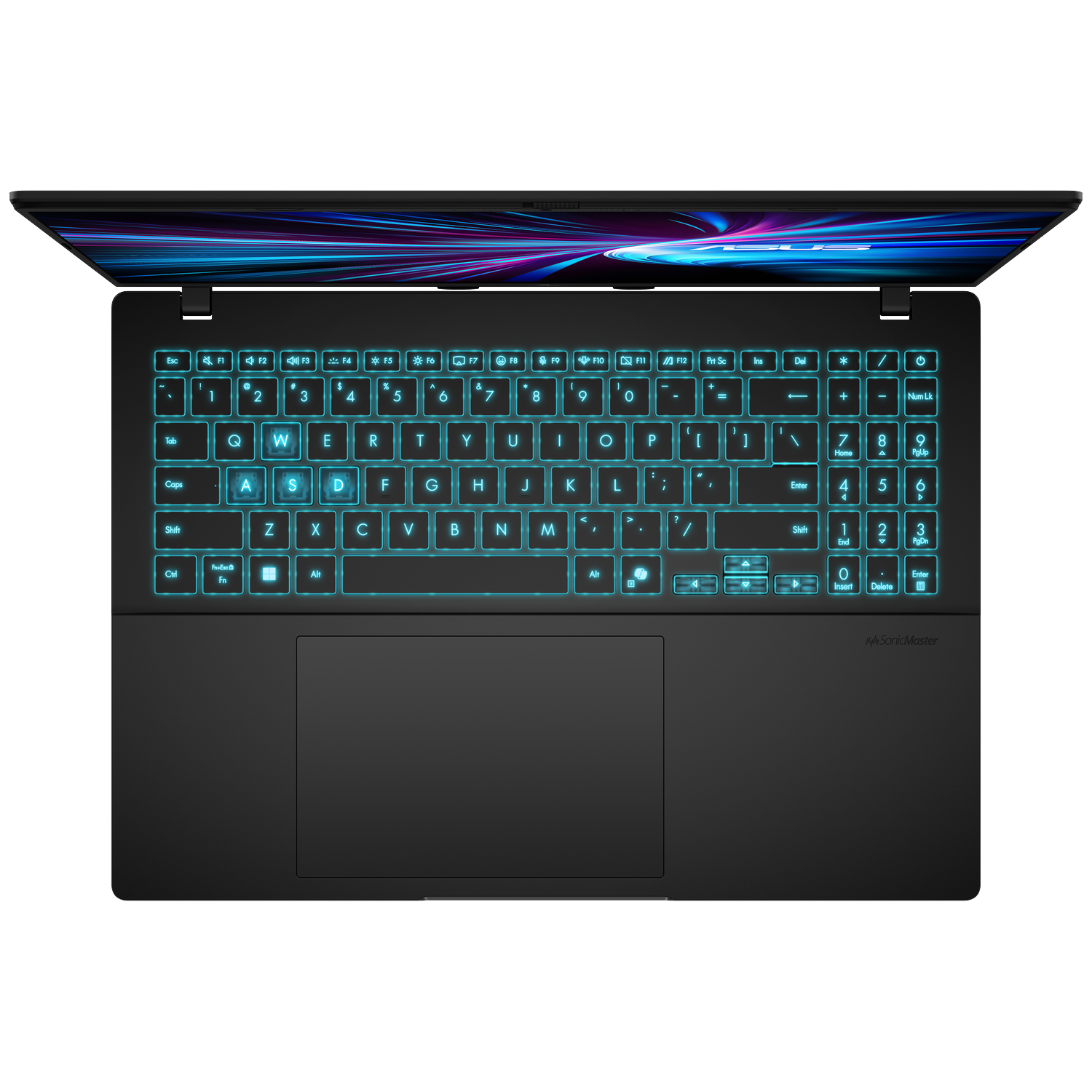Top view of a black laptop with illuminated blue keyboard and vibrant screen.
