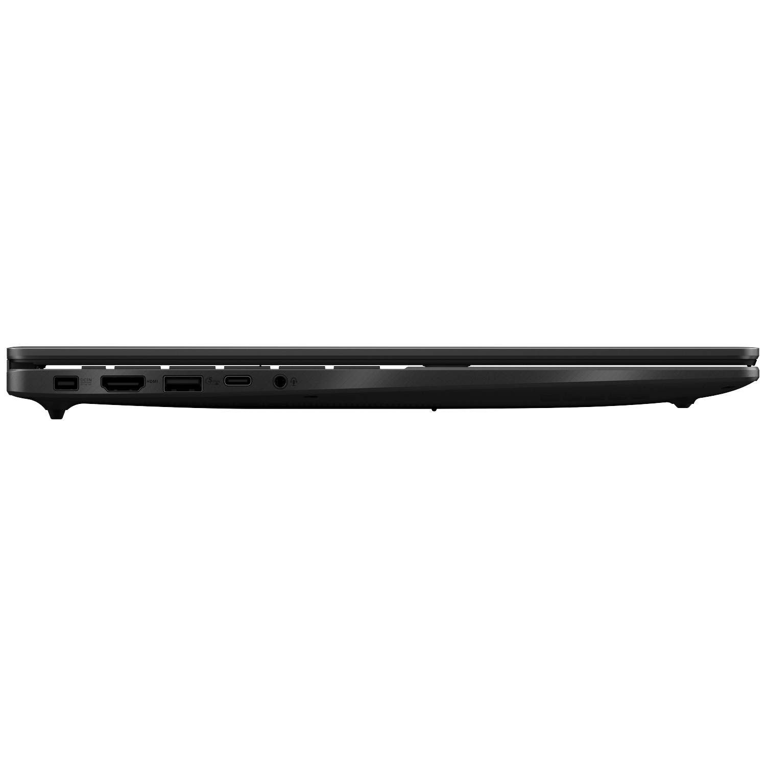 Black laptop side view showing ports: DCIN, HDMI, USB, USB-C, audio jack.